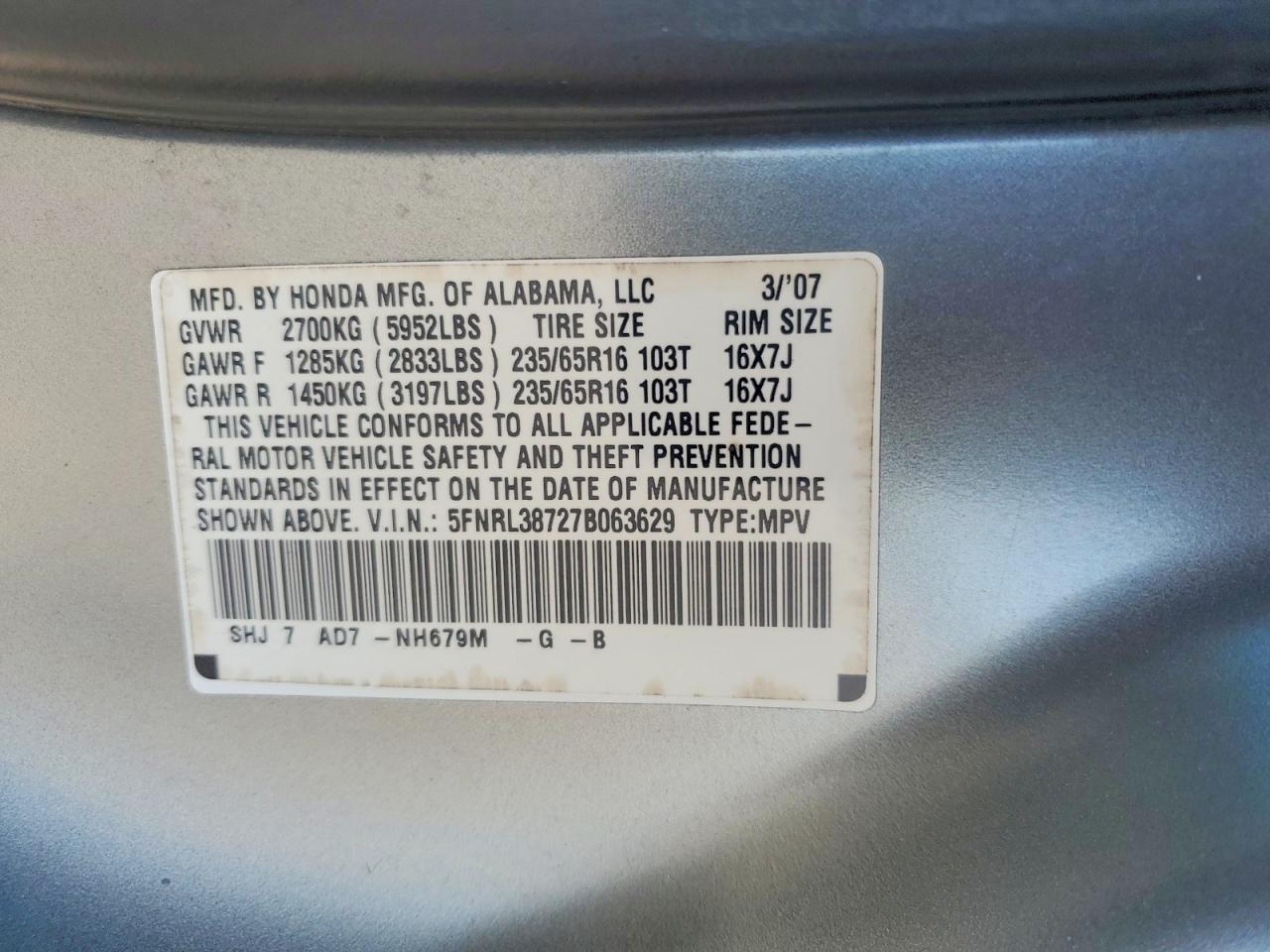 2007 Honda Odyssey Exl Gray vin: 5FNRL38727B063629
