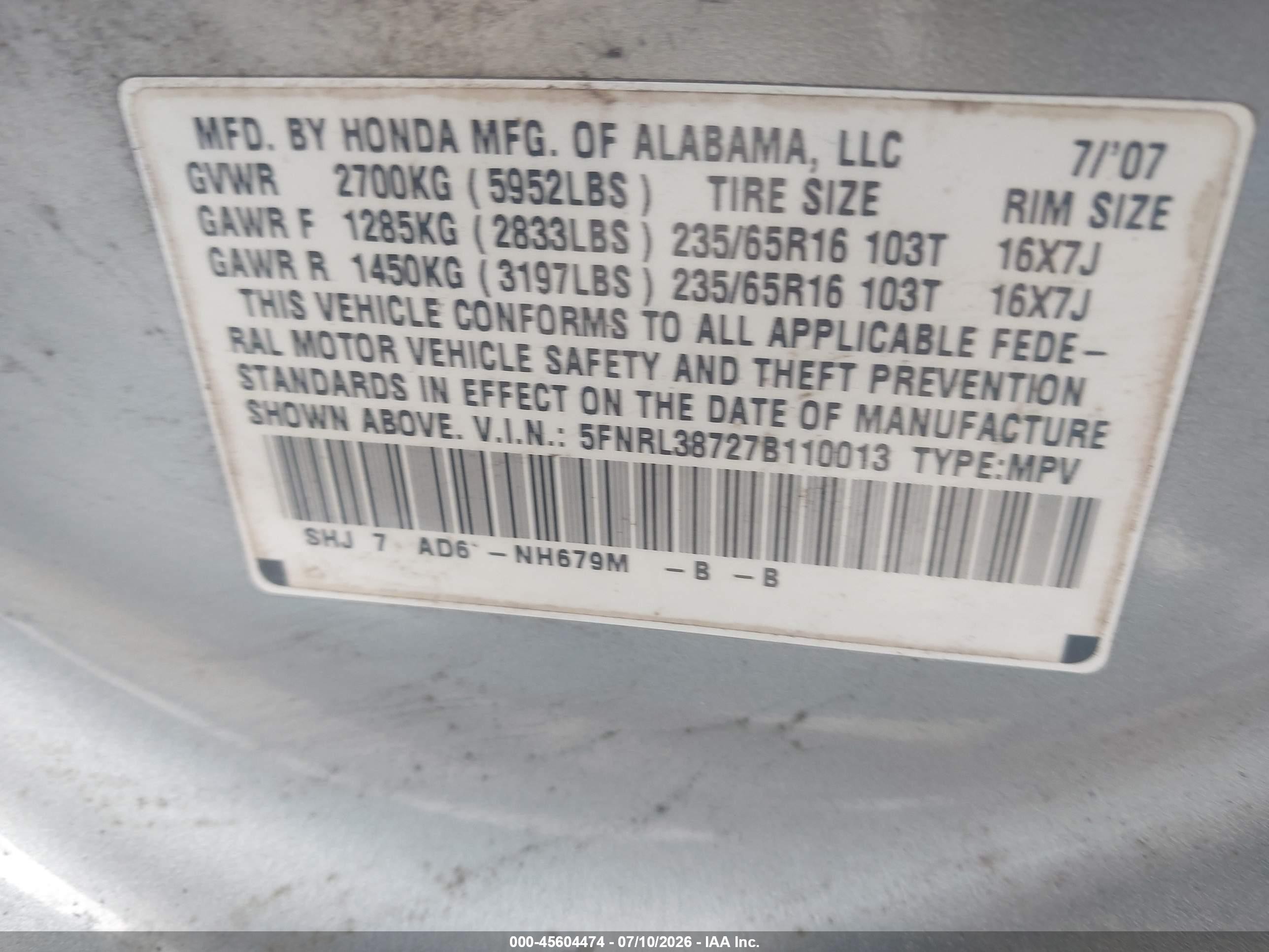 2007 Honda Odyssey Ex-l Silver vin: 5FNRL38727B110013
