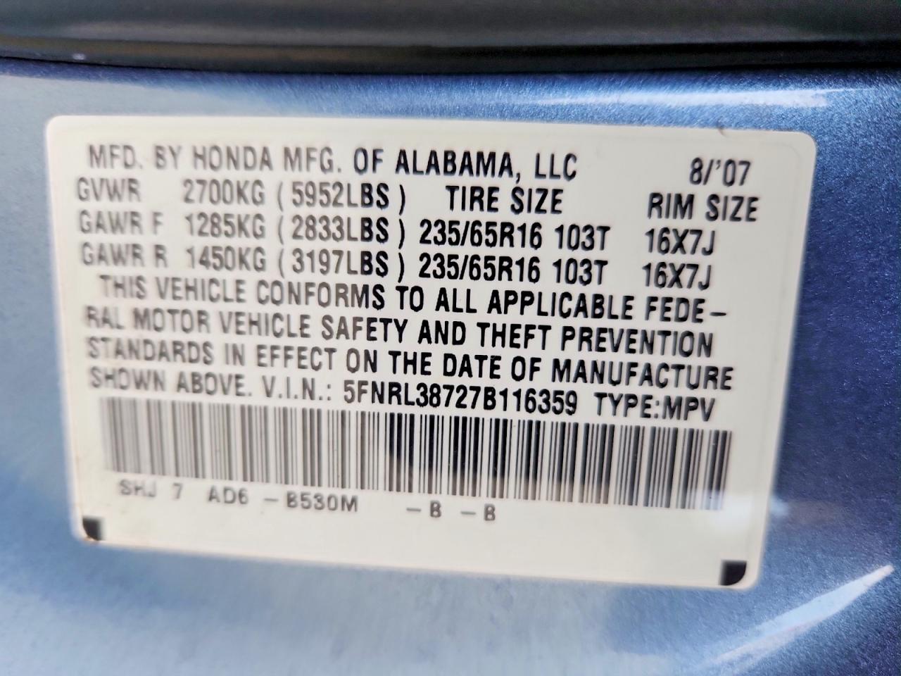2007 Honda Odyssey Blue vin: 5FNRL38727B116359