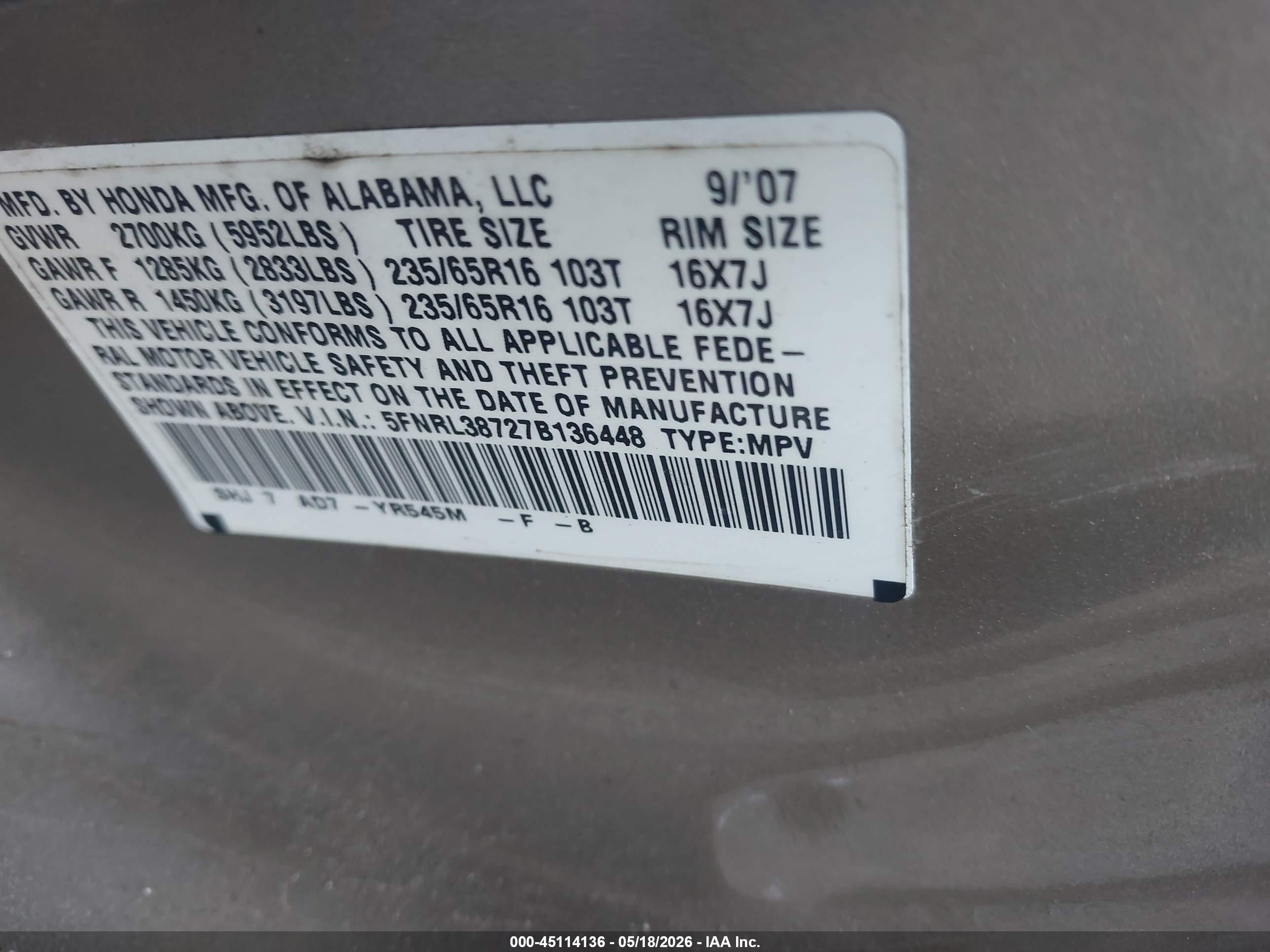 2007 Honda Odyssey Ex-l Gold vin: 5FNRL38727B136448