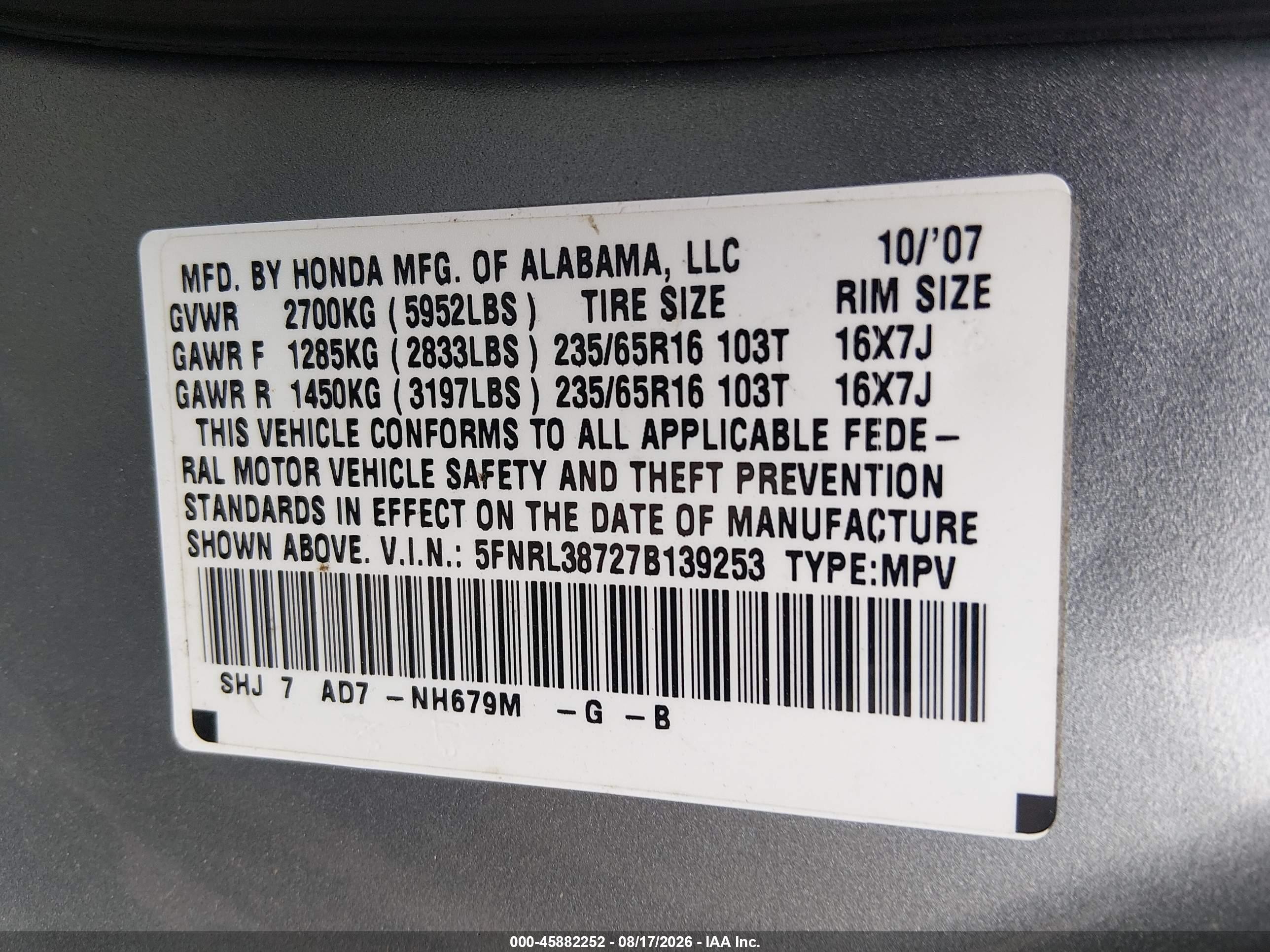2007 Honda Odyssey Ex-l Silver vin: 5FNRL38727B139253