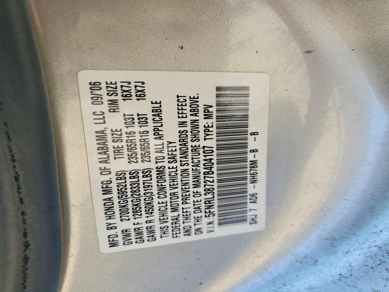 2007 Honda Odyssey Exl Silver vin: 5FNRL38727B404107