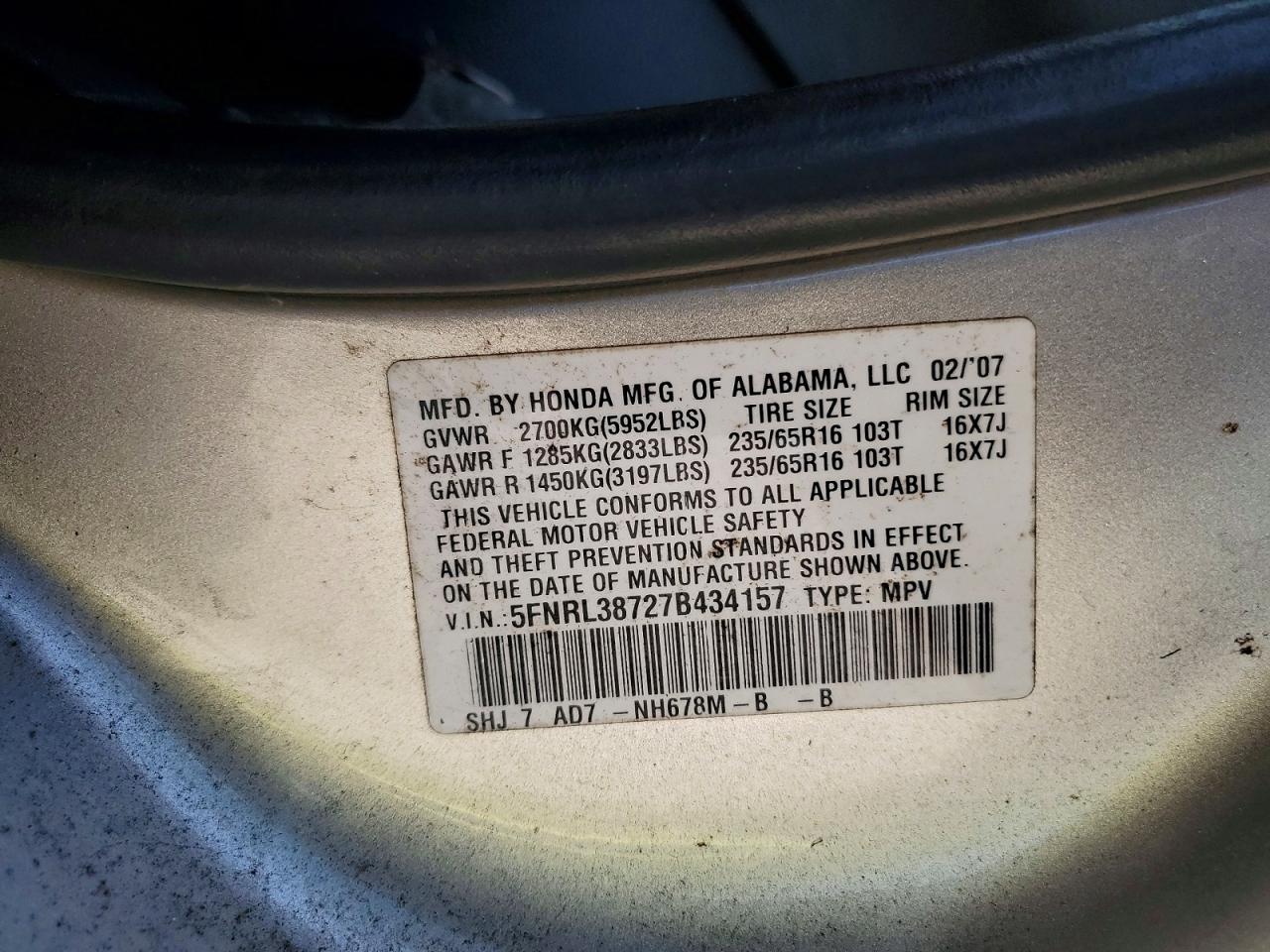 2007 Honda Odyssey Exl Silver vin: 5FNRL38727B434157