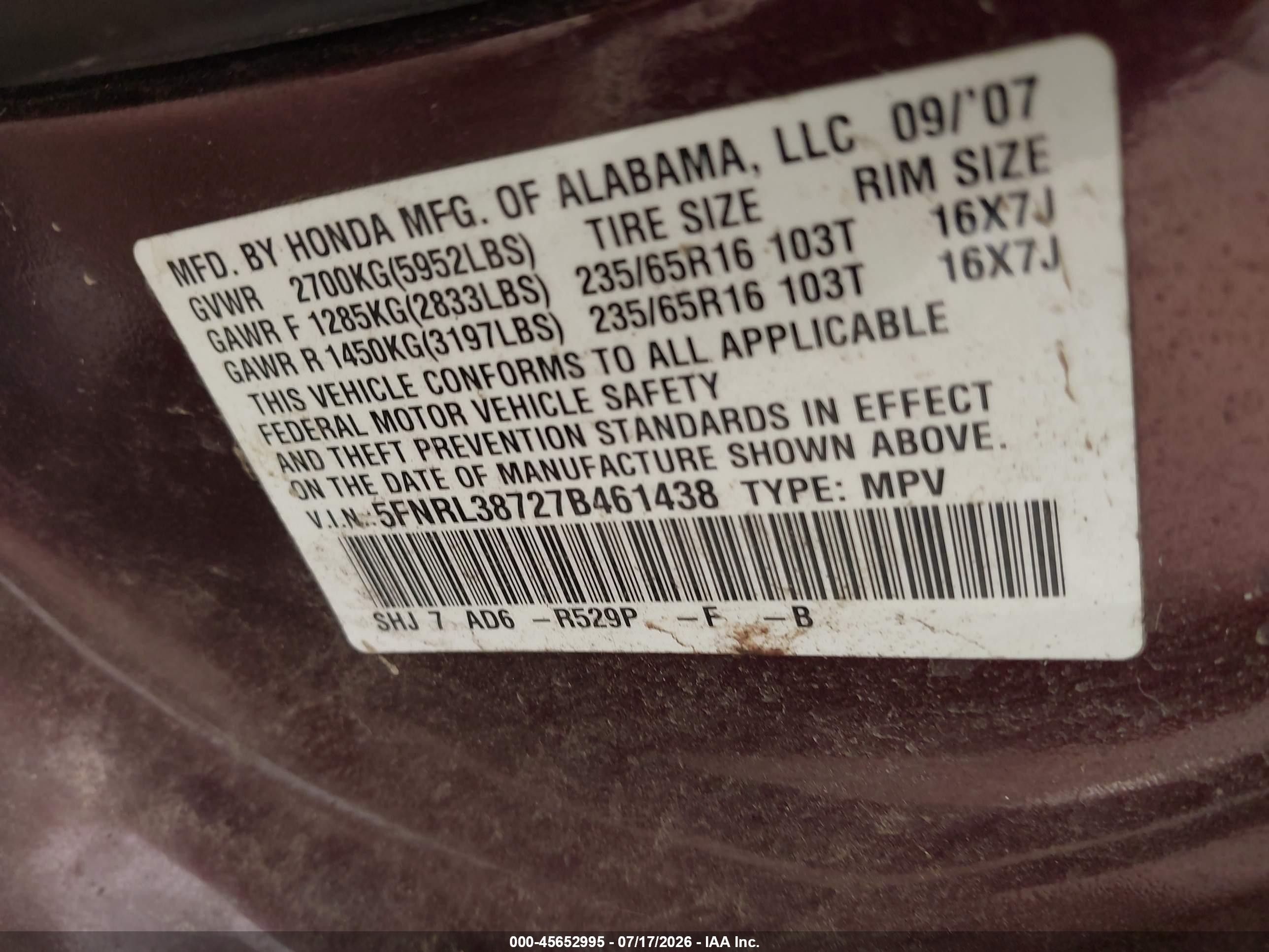 2007 Honda Odyssey Ex-l Red vin: 5FNRL38727B461438