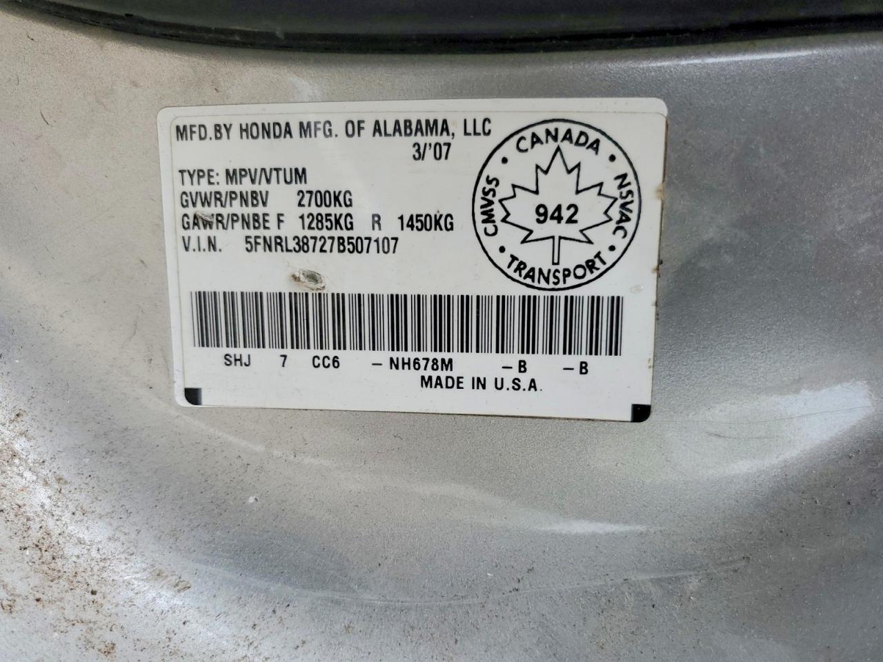 2007 Honda Odyssey Exl Silver vin: 5FNRL38727B507107