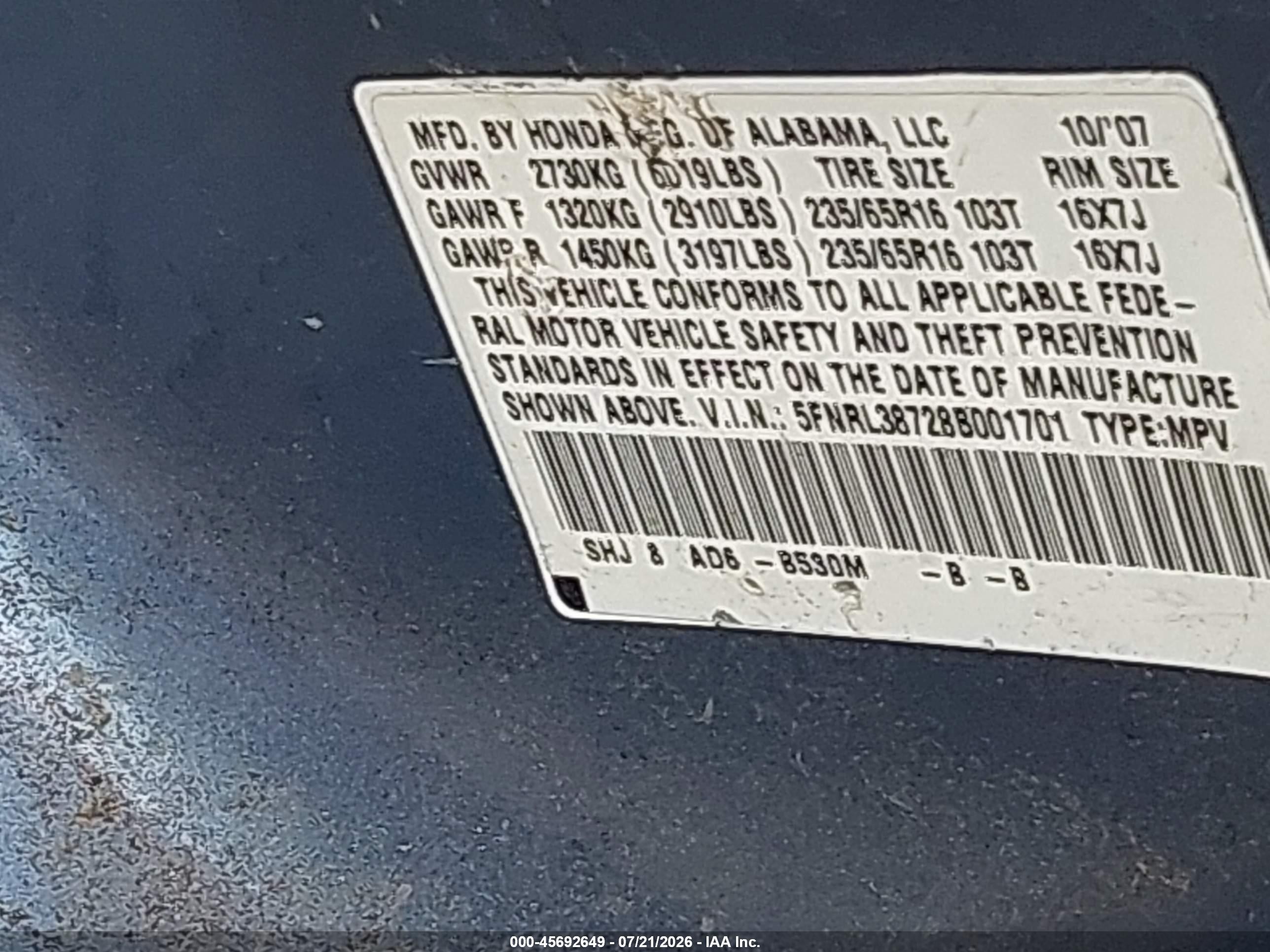 2008 Honda Odyssey Ex-l Blue vin: 5FNRL38728B001701