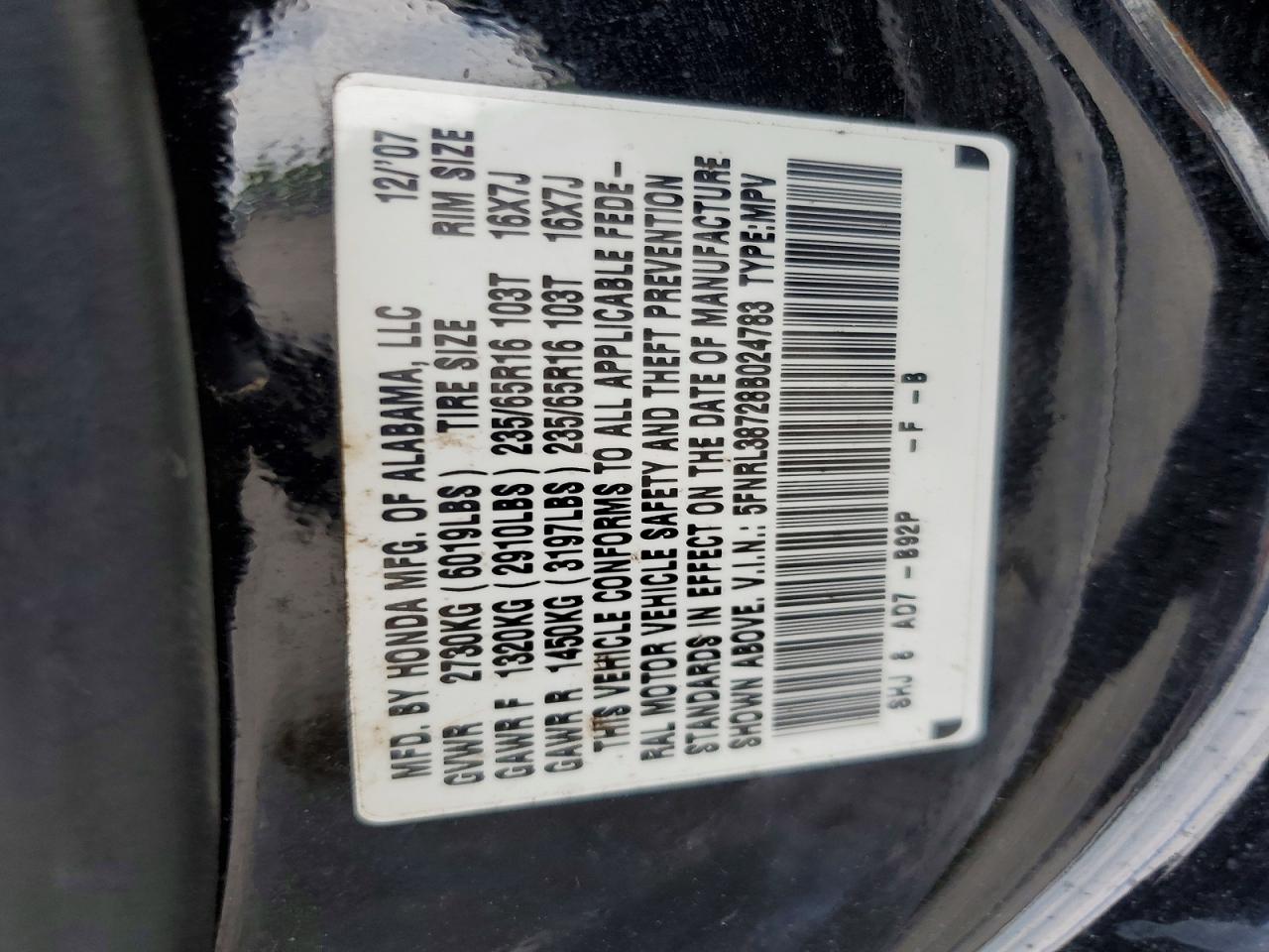 2008 Honda Odyssey Exl Black vin: 5FNRL38728B024783