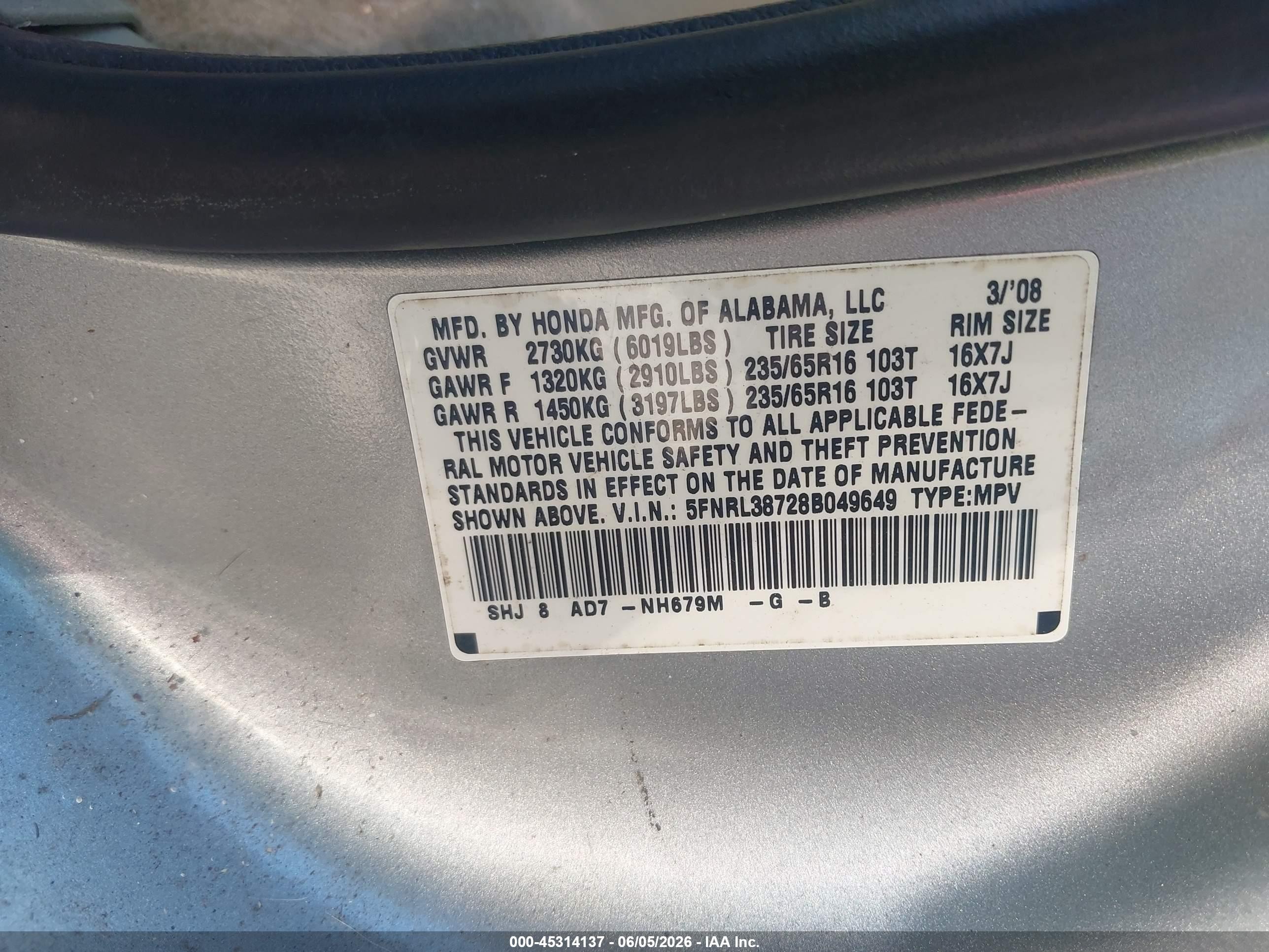 2008 Honda Odyssey Ex-l Silver vin: 5FNRL38728B049649