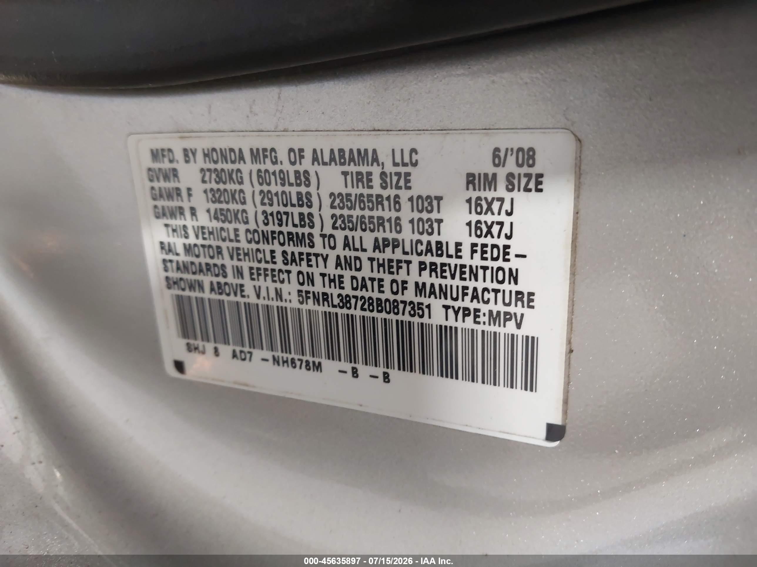 2008 Honda Odyssey Ex-l Silver vin: 5FNRL38728B087351