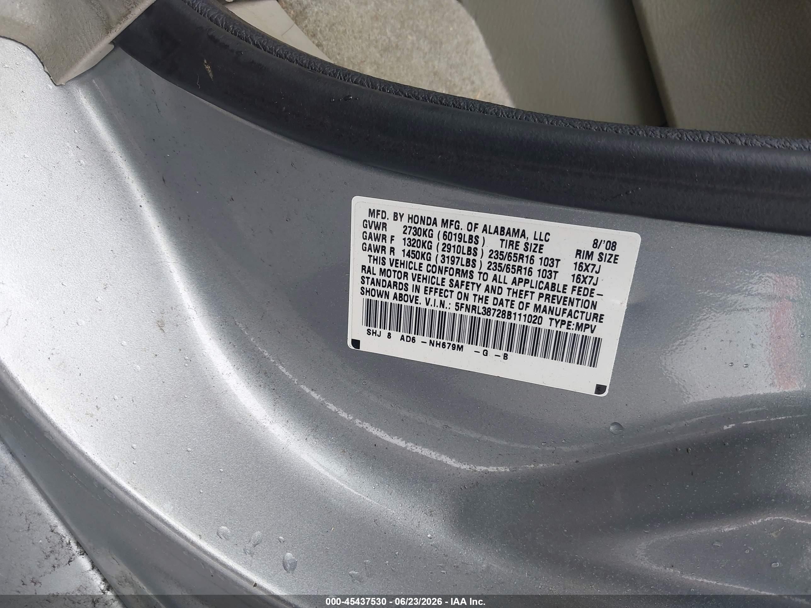 2008 Honda Odyssey Ex-l Light Blue vin: 5FNRL38728B111020