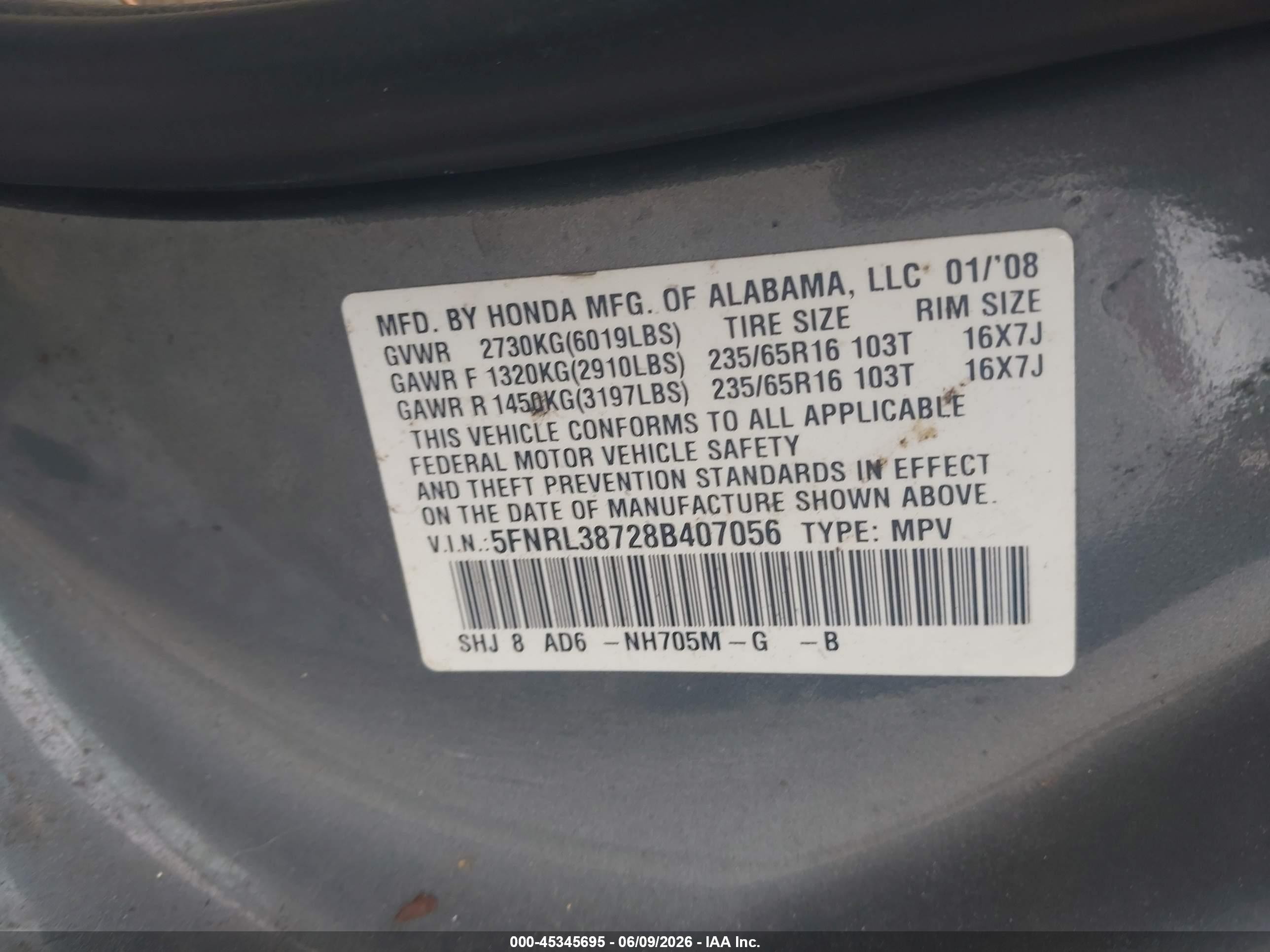 2008 Honda Odyssey Ex-l Tan vin: 5FNRL38728B407056