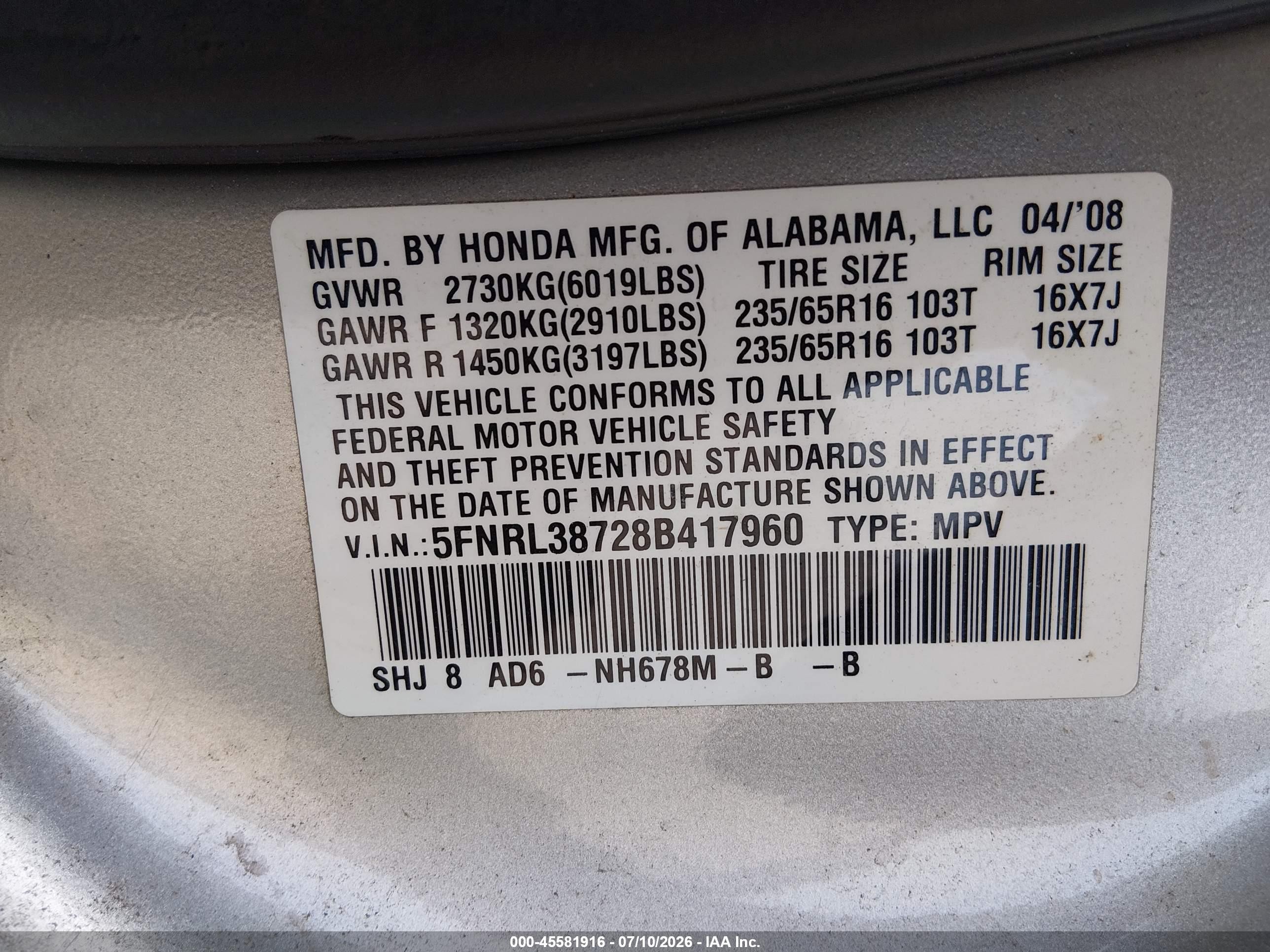 2008 Honda Odyssey Ex-l Серебряный vin: 5FNRL38728B417960