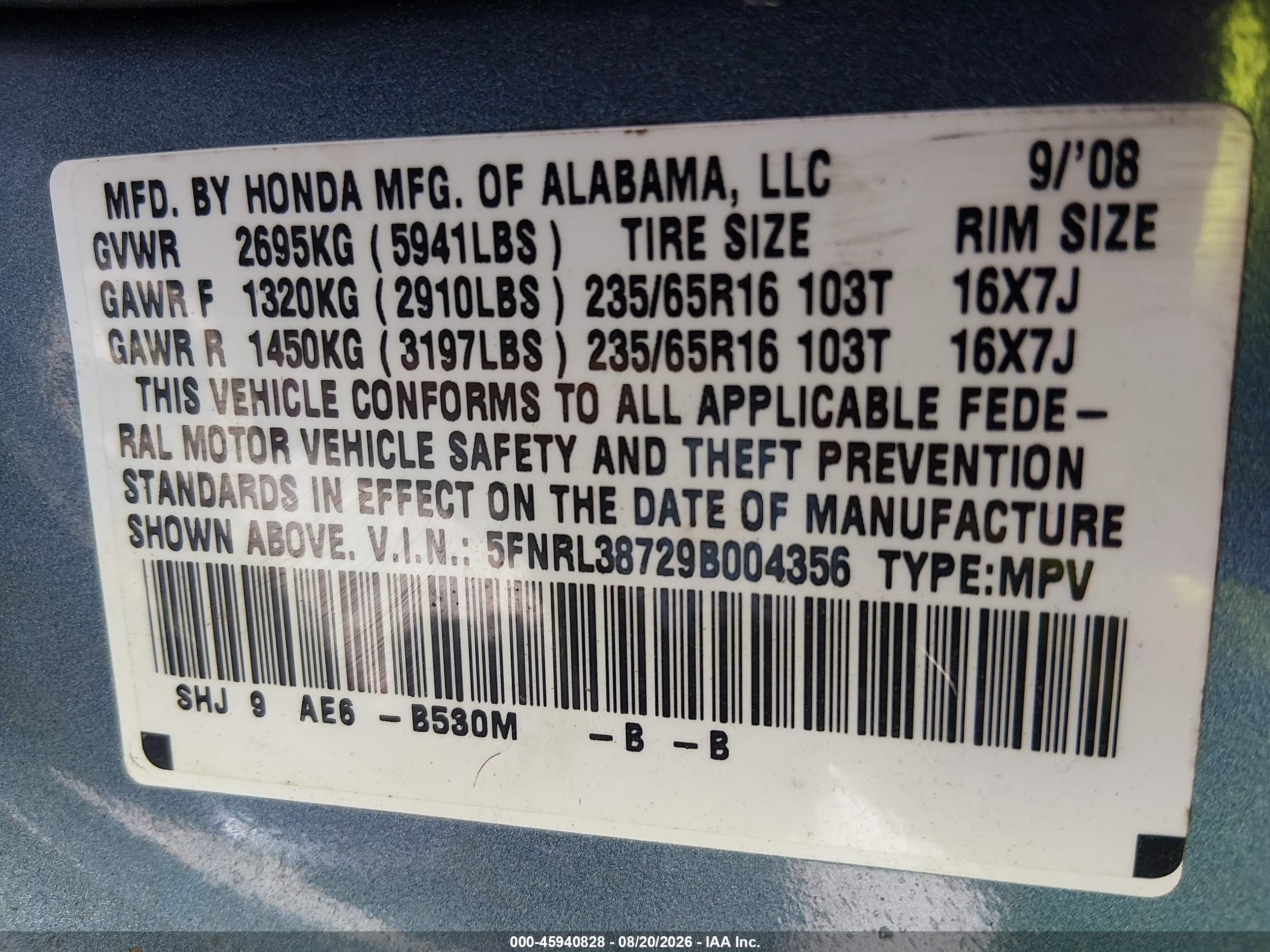 2009 Honda Odyssey Ex-l Blue vin: 5FNRL38729B004356