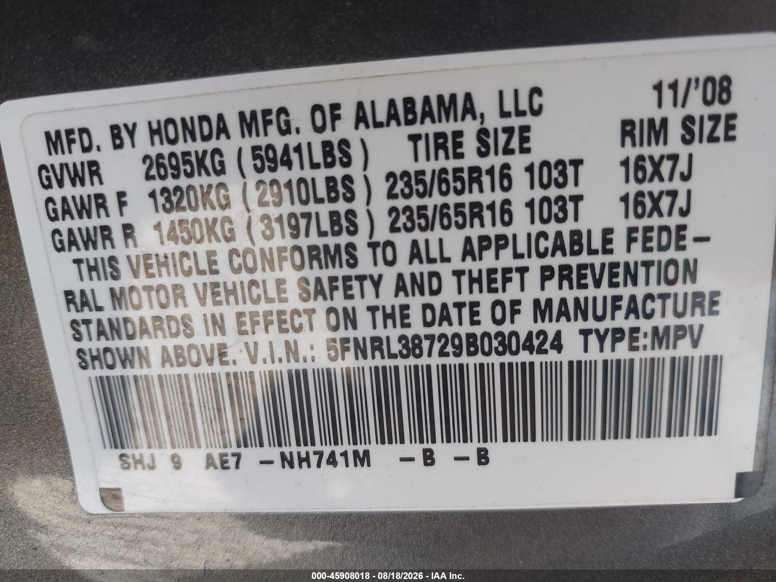 2009 Honda Odyssey Ex-l Gray vin: 5FNRL38729B030424