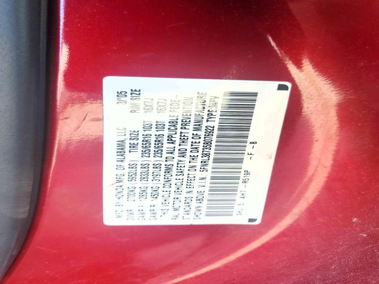 2005 Honda Odyssey Exl Red vin: 5FNRL38735B076922