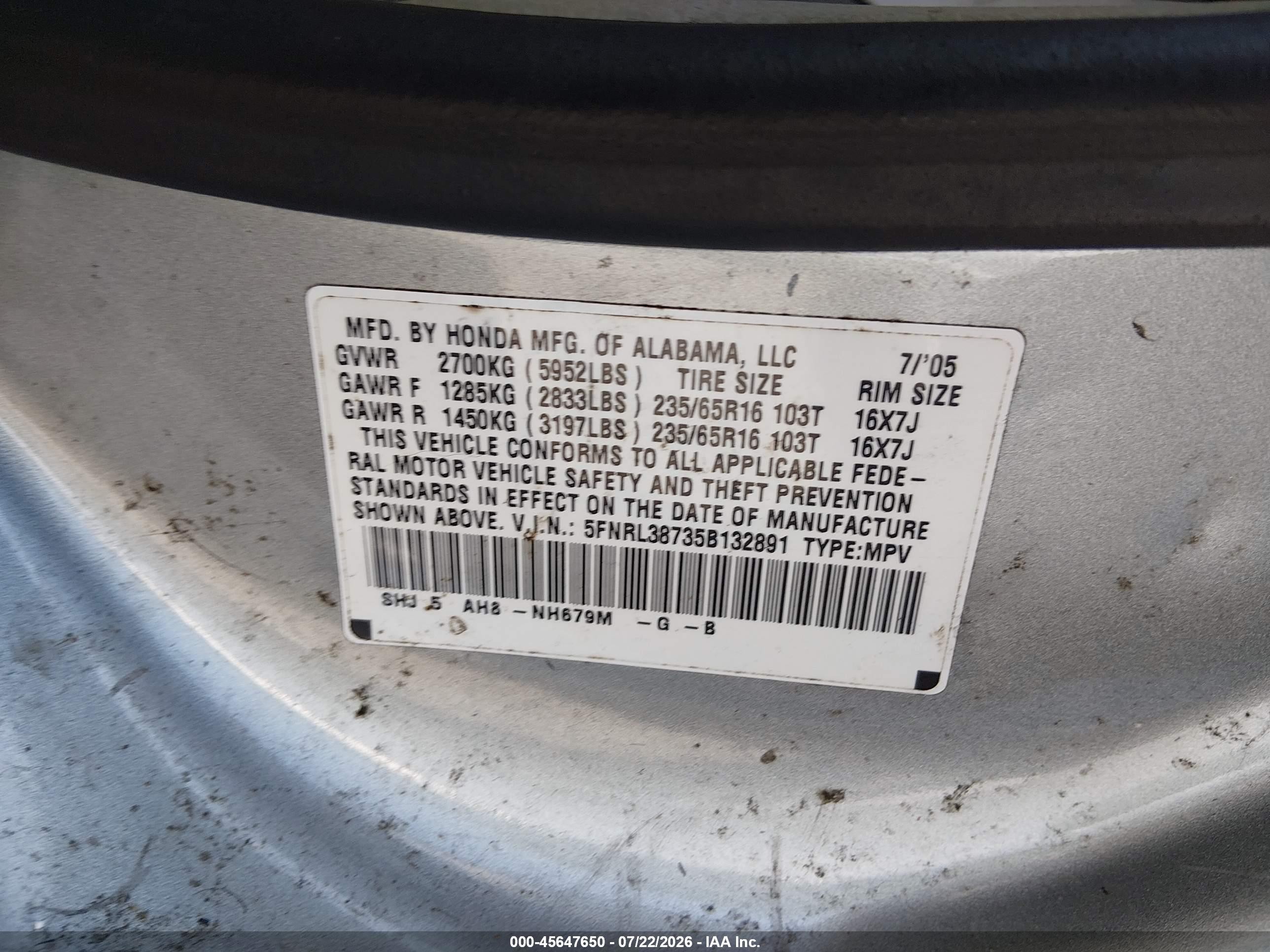 2005 Honda Odyssey Ex-l Gray vin: 5FNRL38735B132891