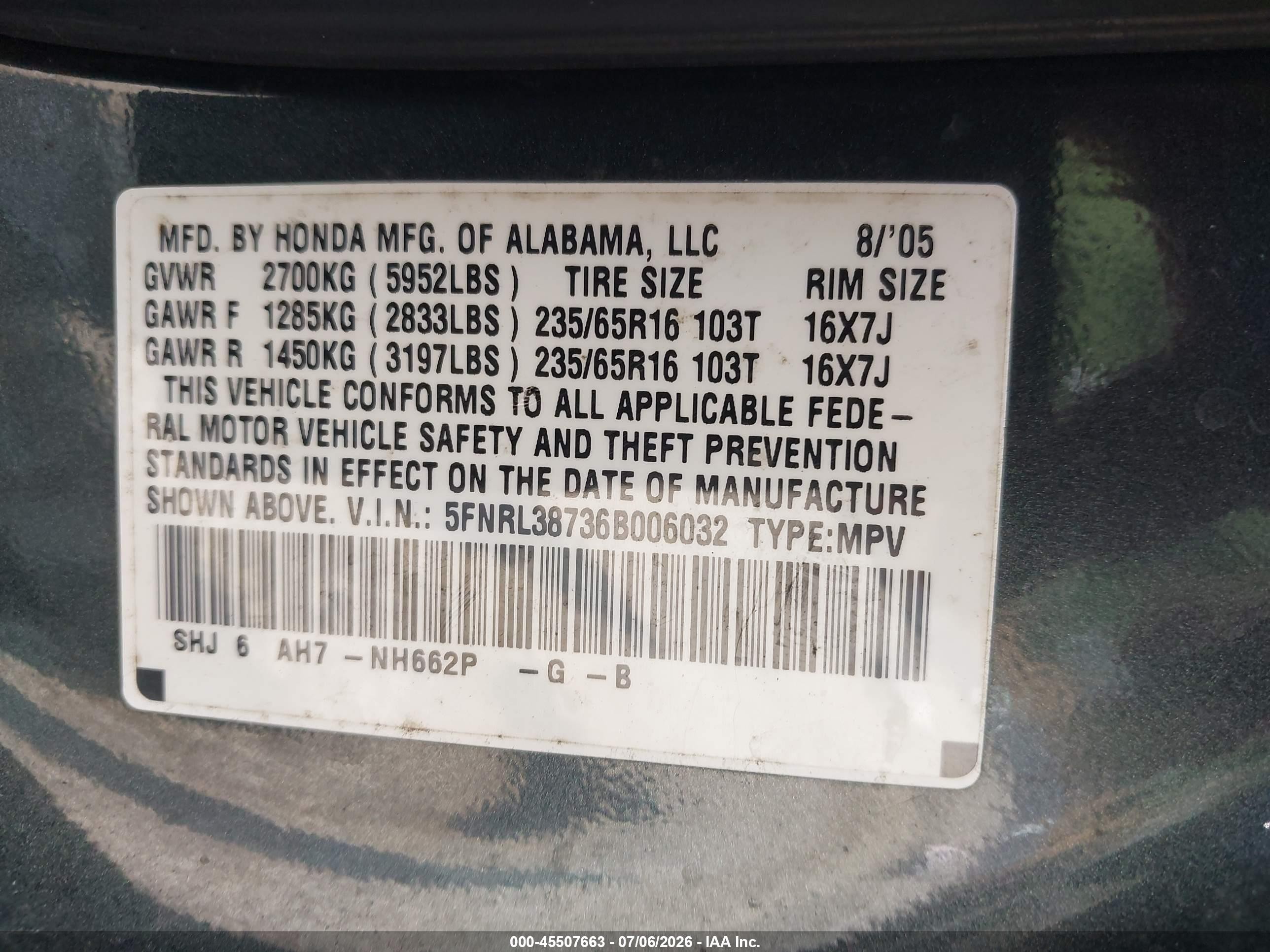 2006 Honda Odyssey Ex-l Gray vin: 5FNRL38736B006032