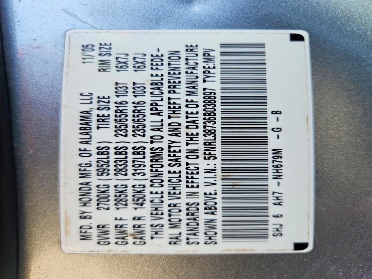 2006 Honda Odyssey Exl Blue vin: 5FNRL38736B038897