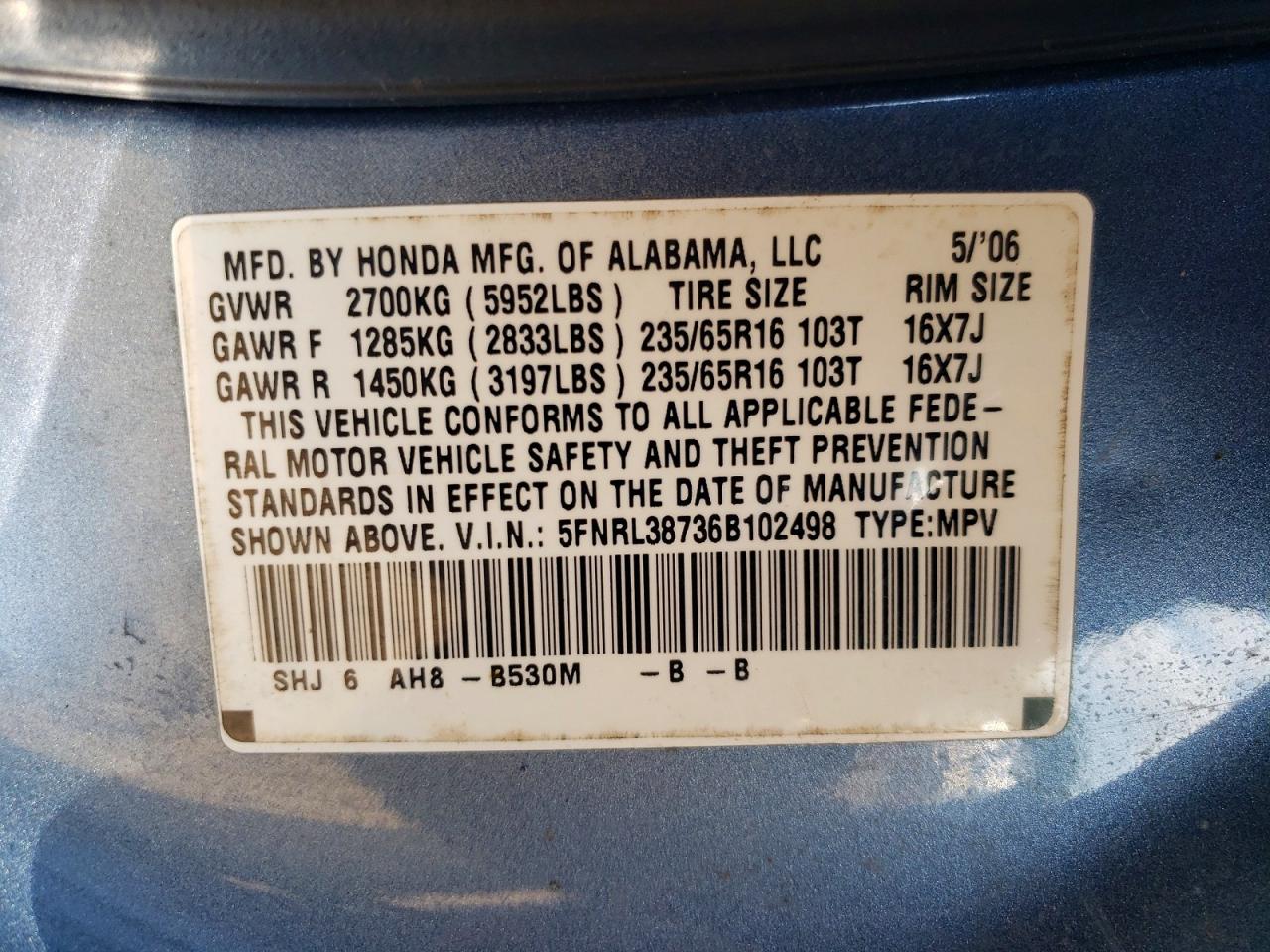 2006 Honda Odyssey Exl Blue vin: 5FNRL38736B102498