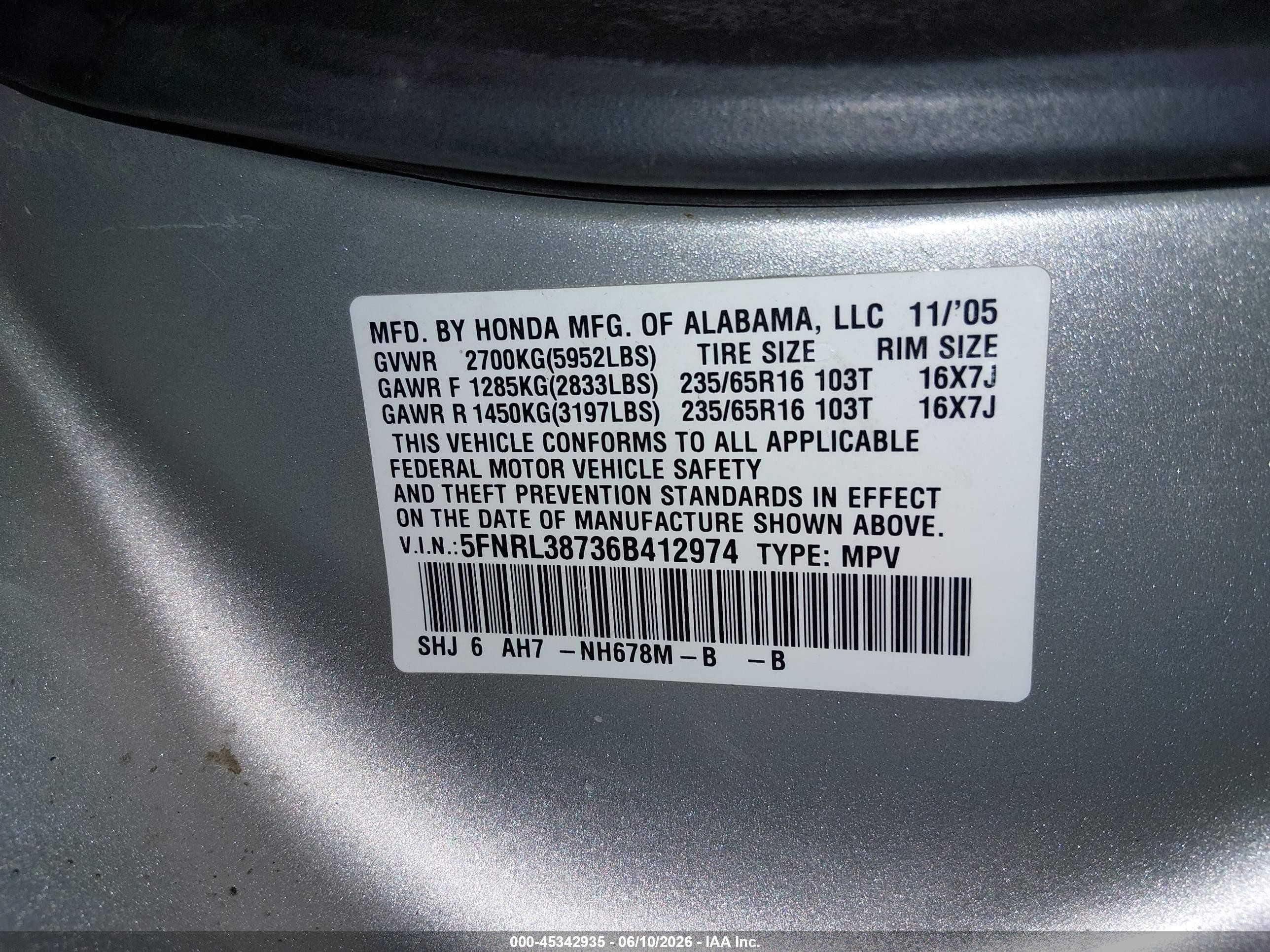 2006 Honda Odyssey Ex-l Серебряный vin: 5FNRL38736B412974