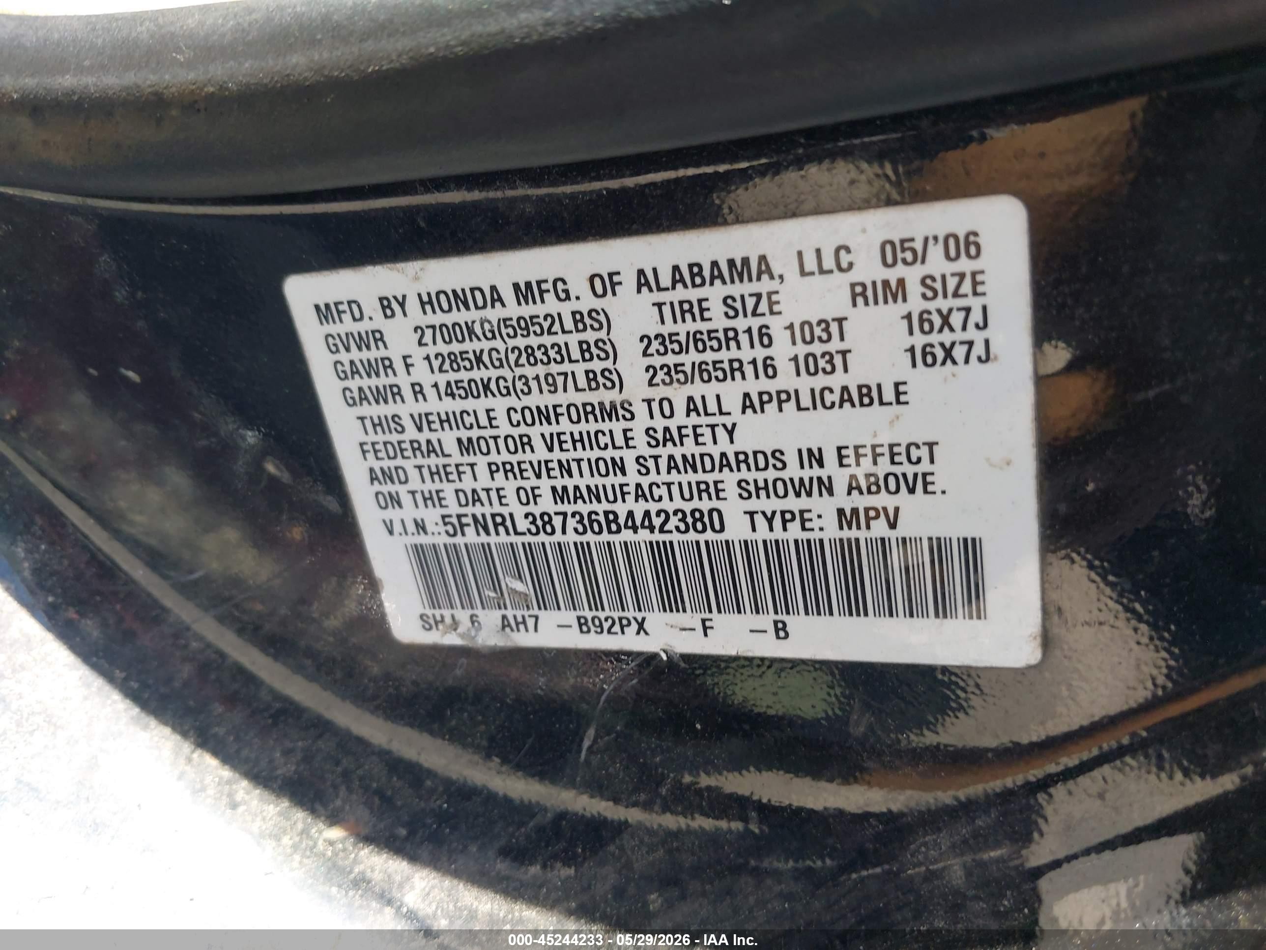 2006 Honda Odyssey Ex-l Black vin: 5FNRL38736B442380