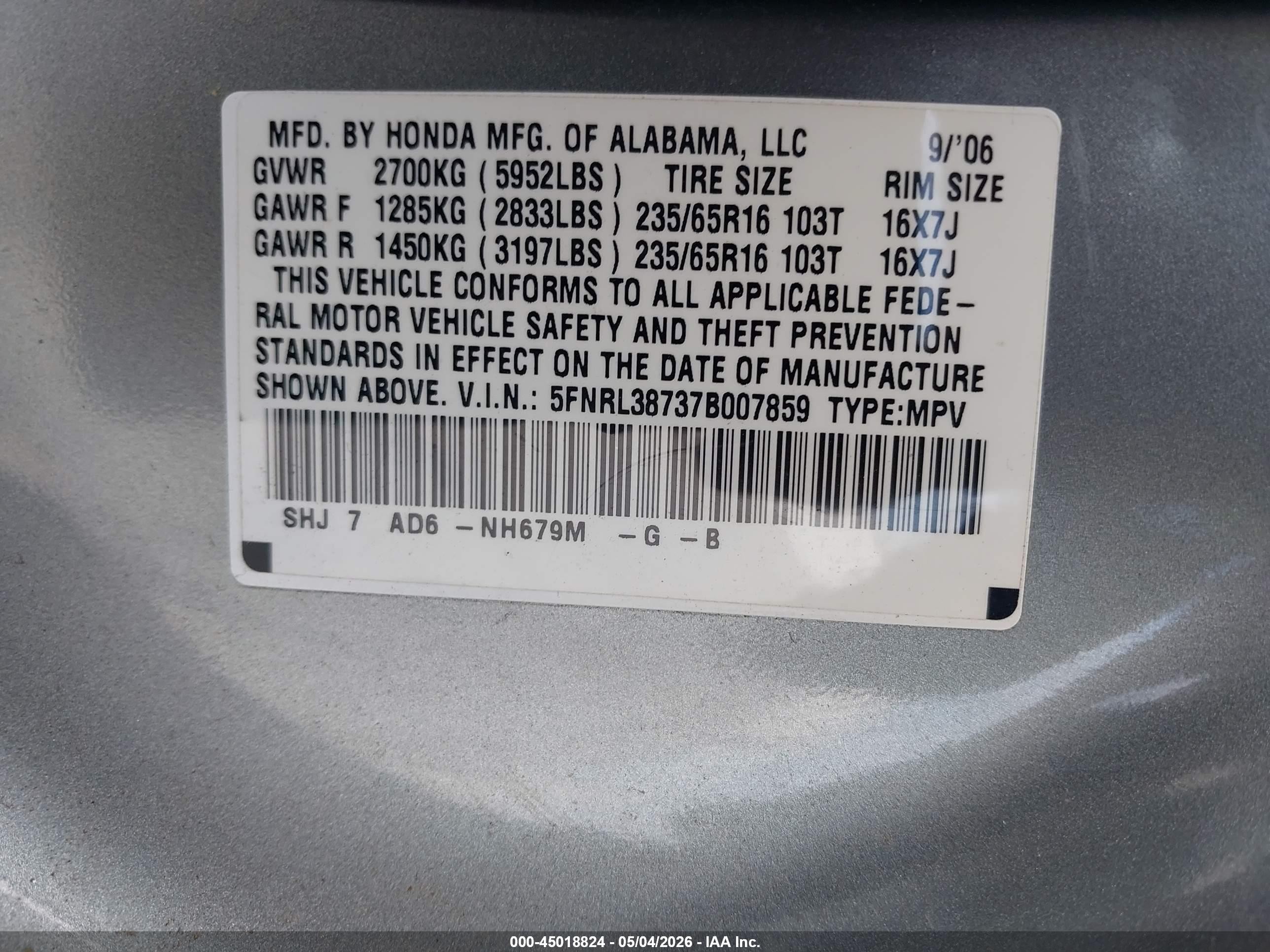 2007 Honda Odyssey Ex-l Light Blue vin: 5FNRL38737B007859