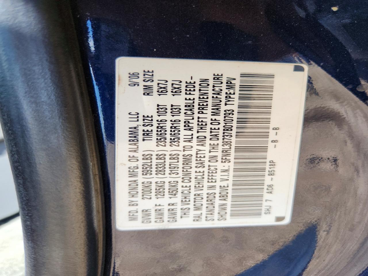2007 Honda Odyssey Exl Blue vin: 5FNRL38737B010793