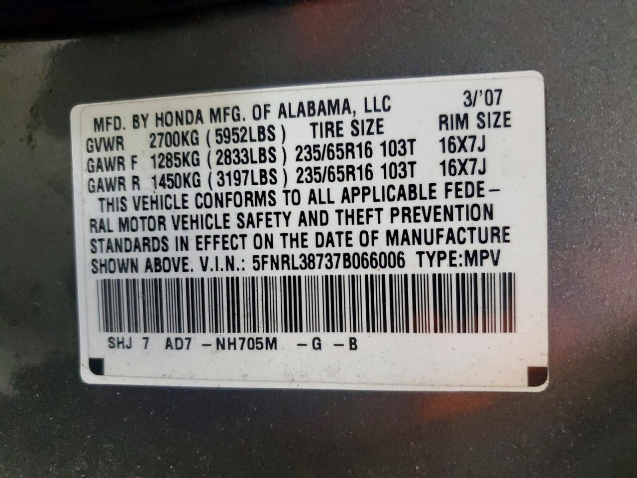 2007 Honda Odyssey Exl Gray vin: 5FNRL38737B066006