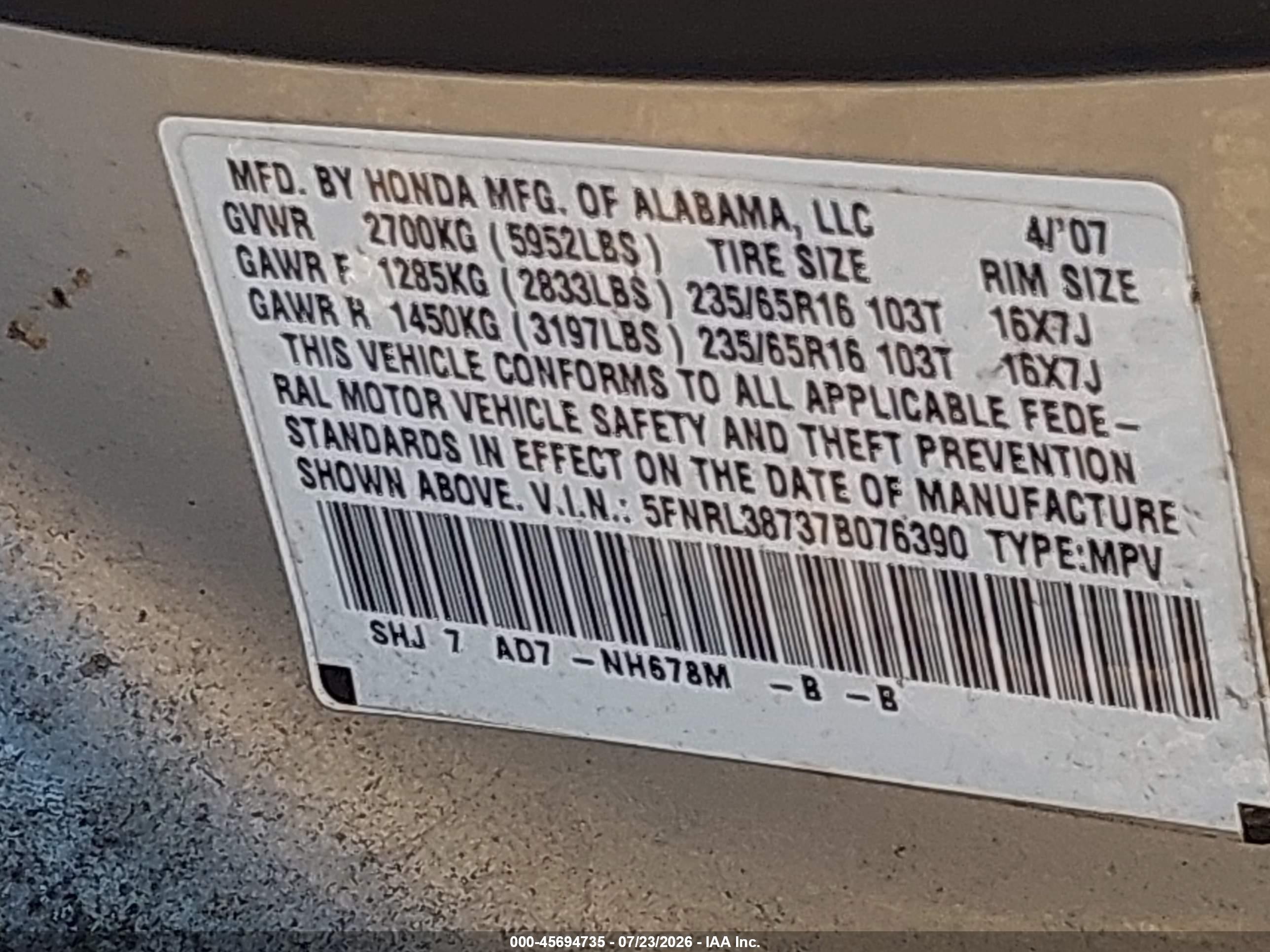 2007 Honda Odyssey Ex-l Silver vin: 5FNRL38737B076390