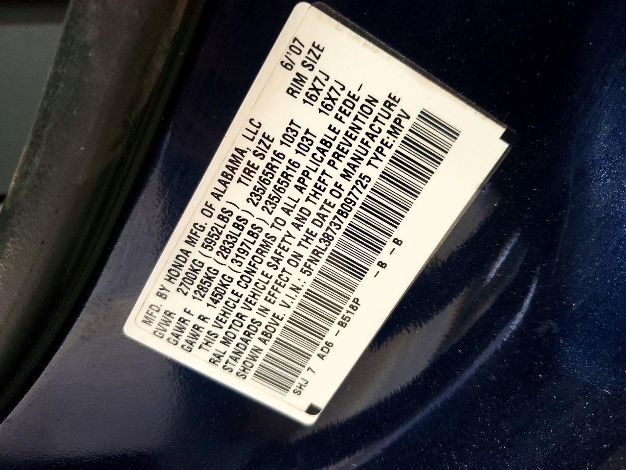 2007 Honda Oddesey Blue vin: 5FNRL38737B097725