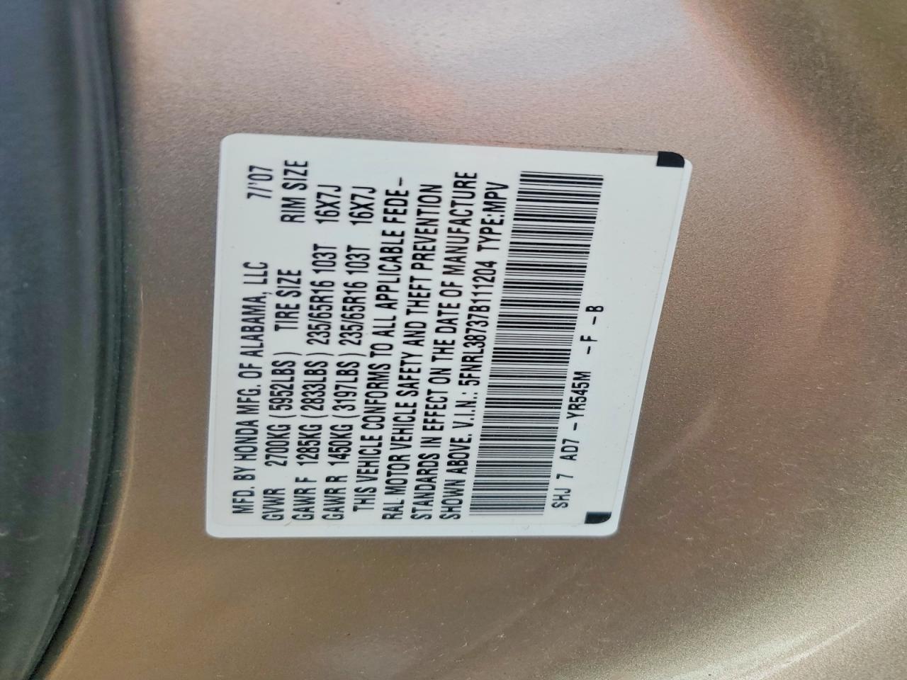 2007 Honda Odyssey Exl Tan vin: 5FNRL38737B111204