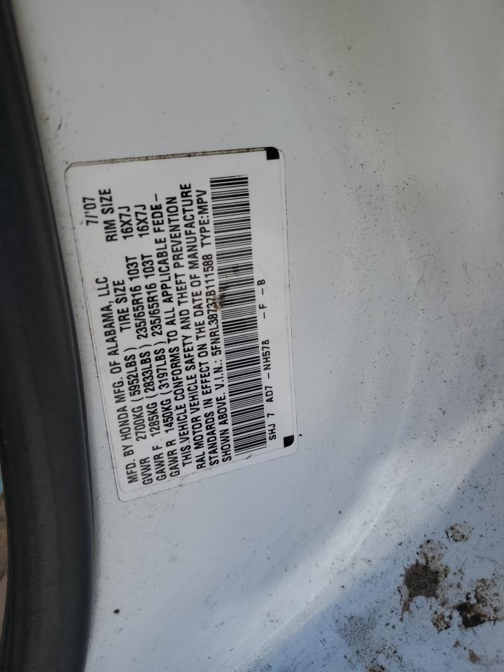 2007 Honda Odyssey Exl White vin: 5FNRL38737B111588
