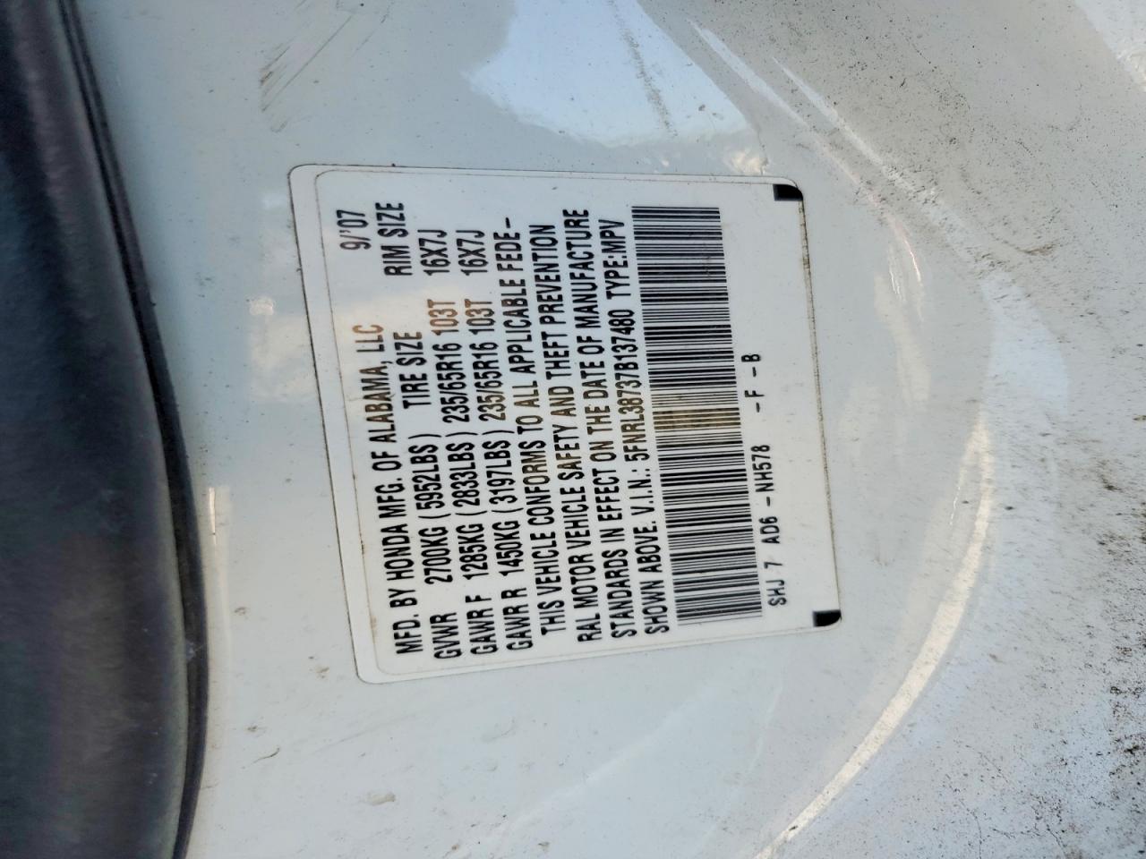 2007 Honda Odyssey Exl White vin: 5FNRL38737B137480