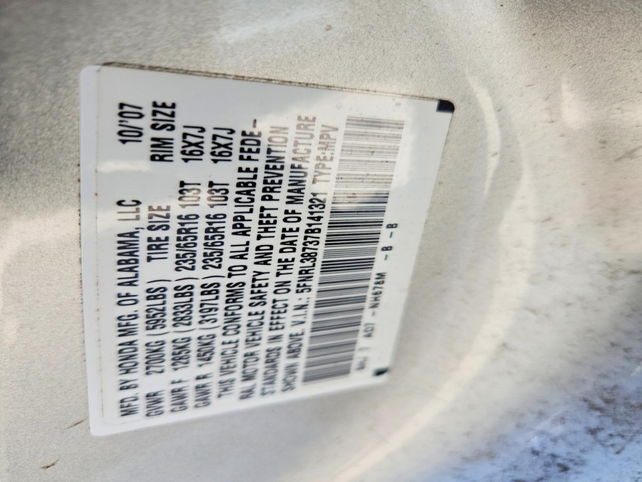 2007 Honda Odyssey Exl Gray vin: 5FNRL38737B141321