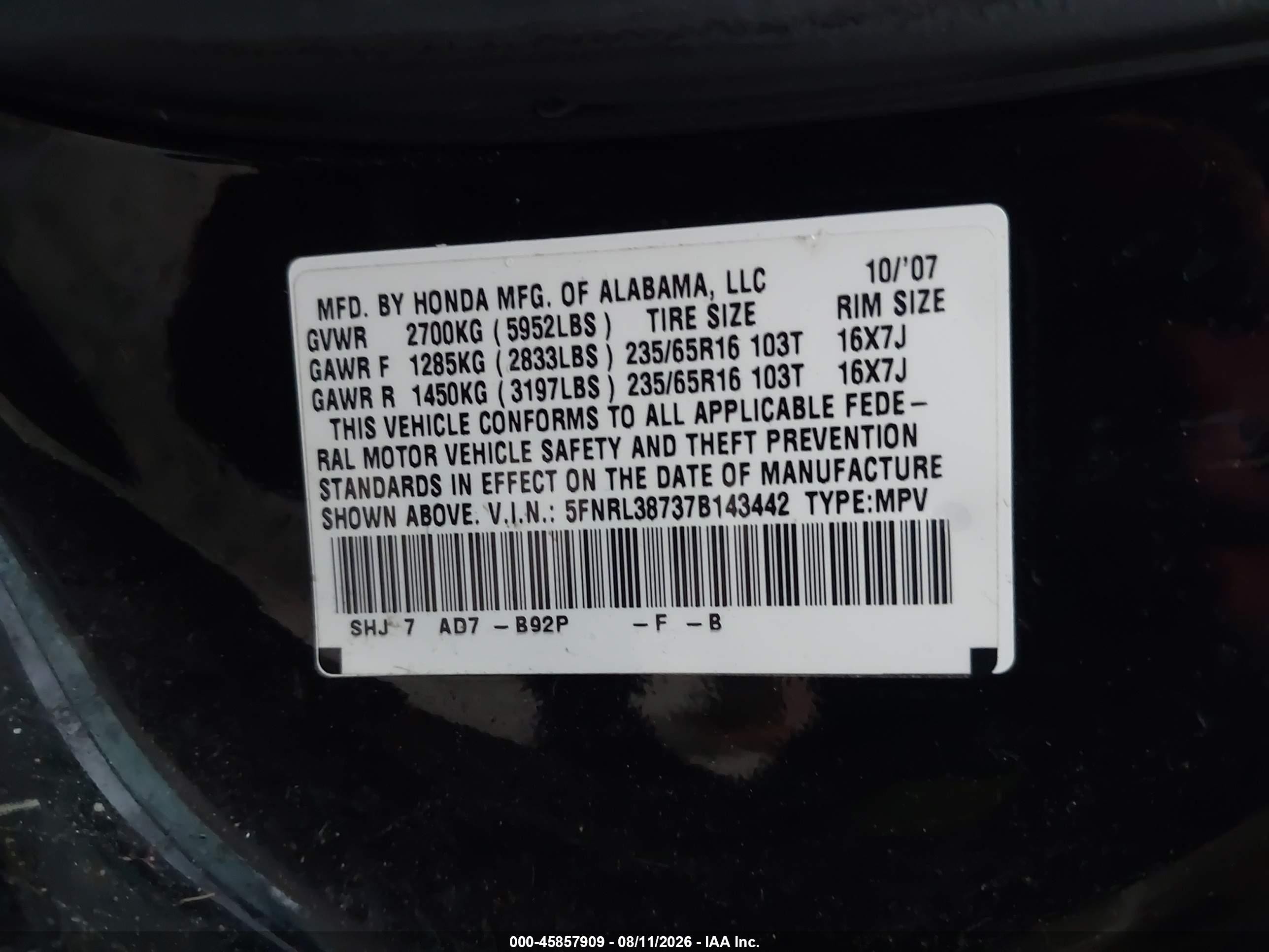2007 Honda Odyssey Ex-l Black vin: 5FNRL38737B143442