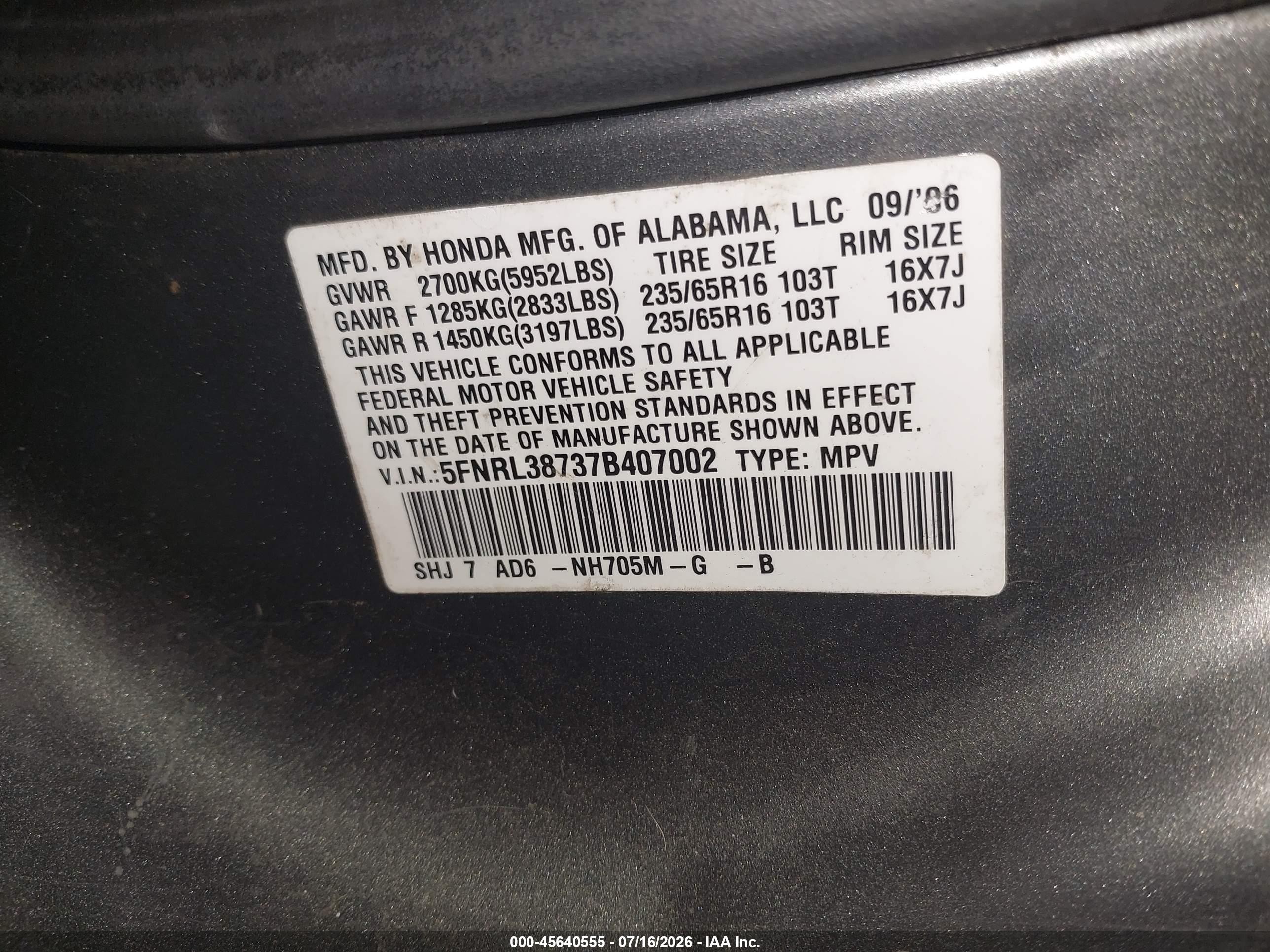 2007 Honda Odyssey Ex-l Gray vin: 5FNRL38737B407002