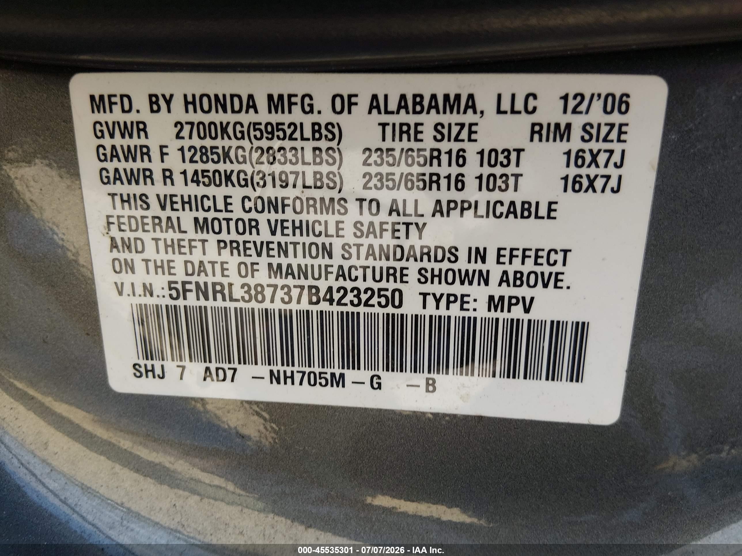 2007 Honda Odyssey Ex-l Gray vin: 5FNRL38737B423250
