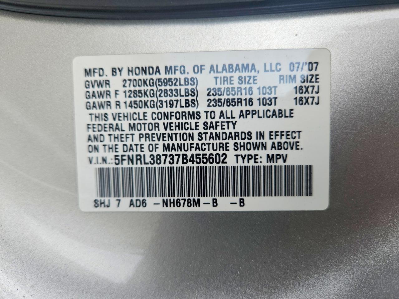 2007 Honda Odyssey Exl Серебряный vin: 5FNRL38737B455602