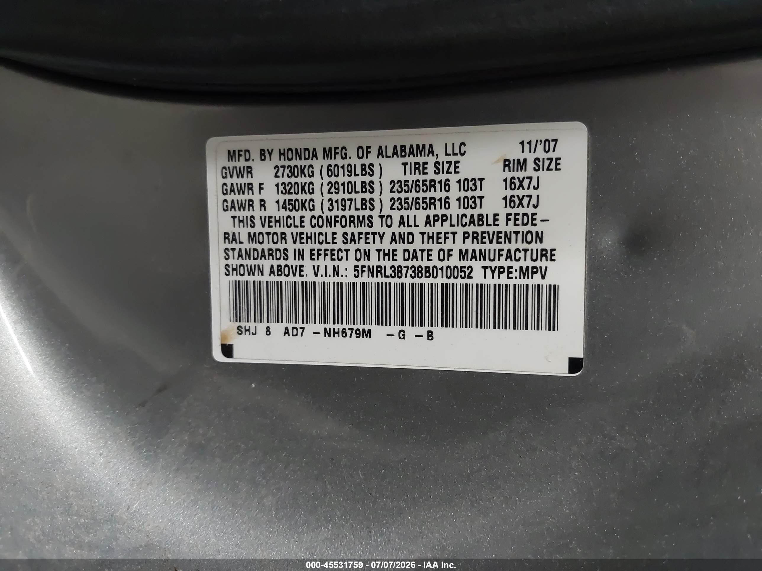 2008 Honda Odyssey Ex-l Gray vin: 5FNRL38738B010052