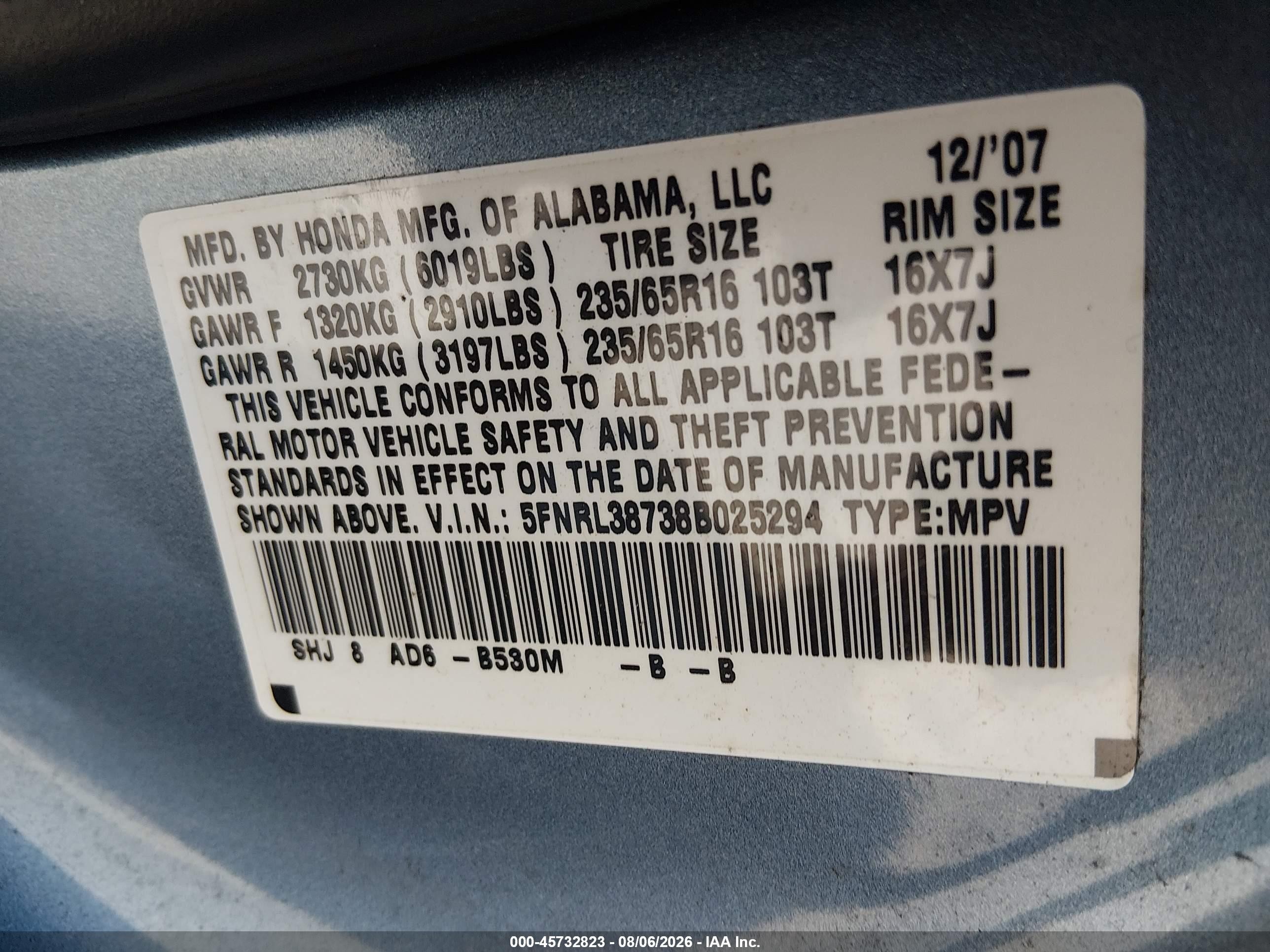 2008 Honda Odyssey Ex-l Blue vin: 5FNRL38738B025294