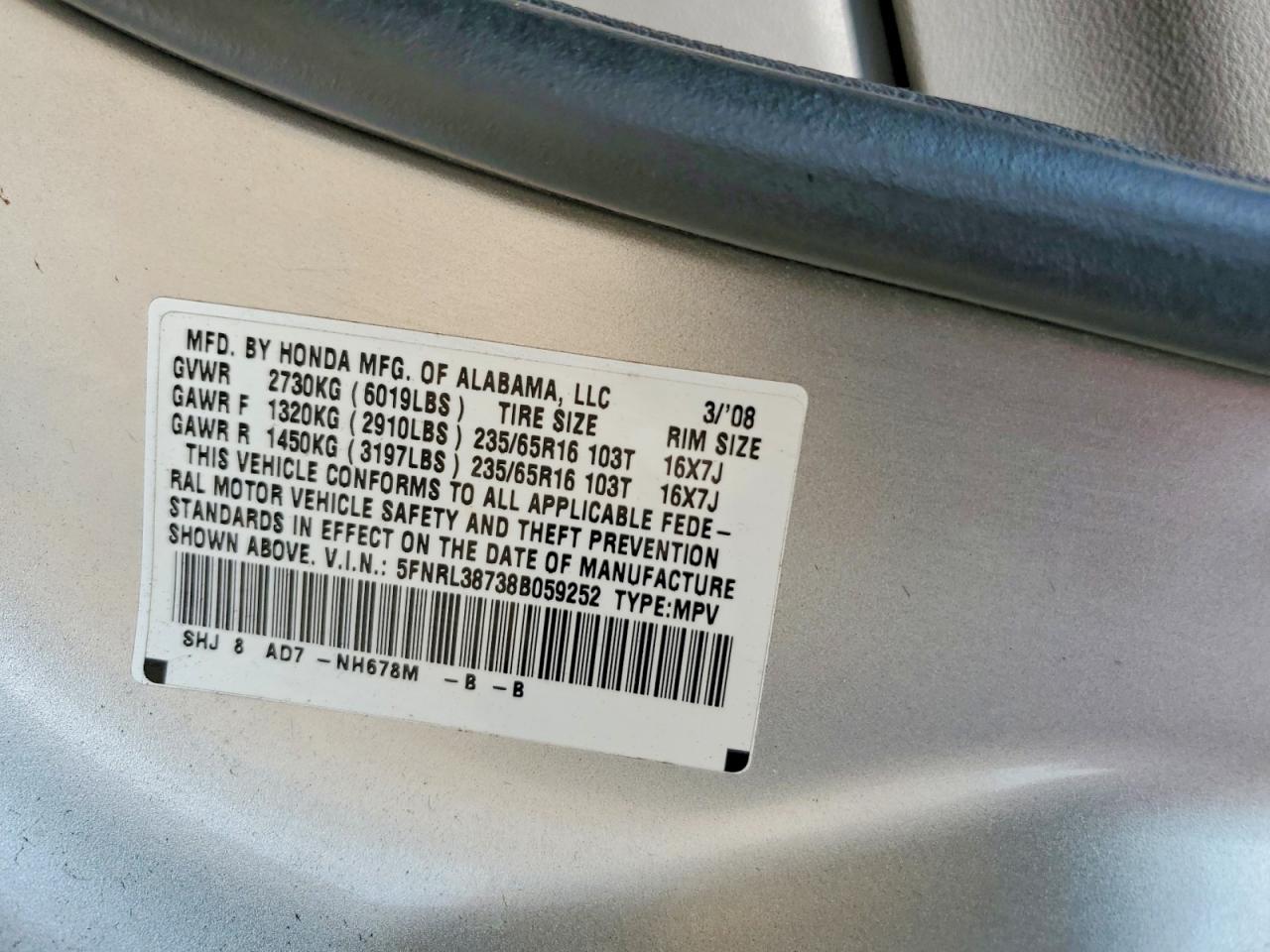 2008 Honda Odyssey Exl Silver vin: 5FNRL38738B059252