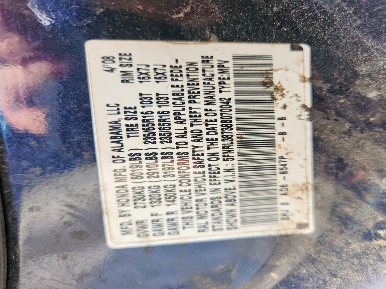 2008 Honda Odyssey Exl Blue vin: 5FNRL38738B070042