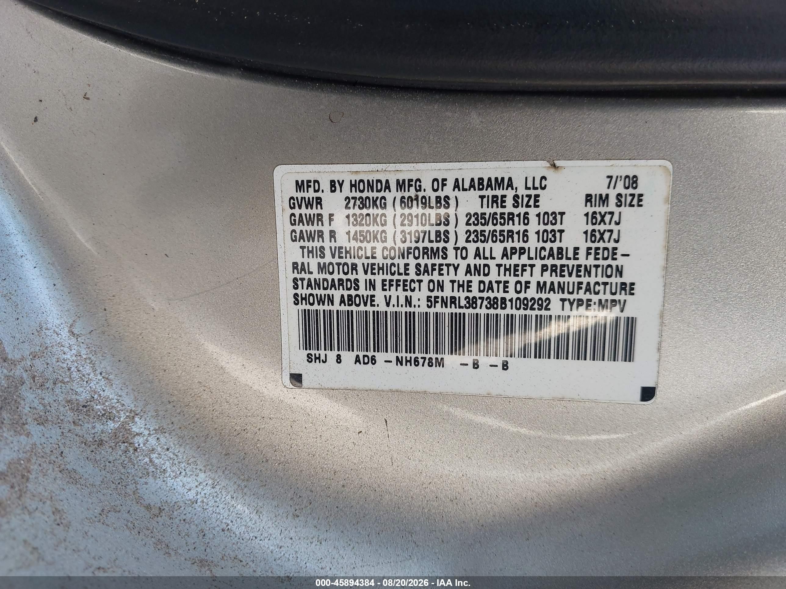 2008 Honda Odyssey Ex-l Silver vin: 5FNRL38738B109292