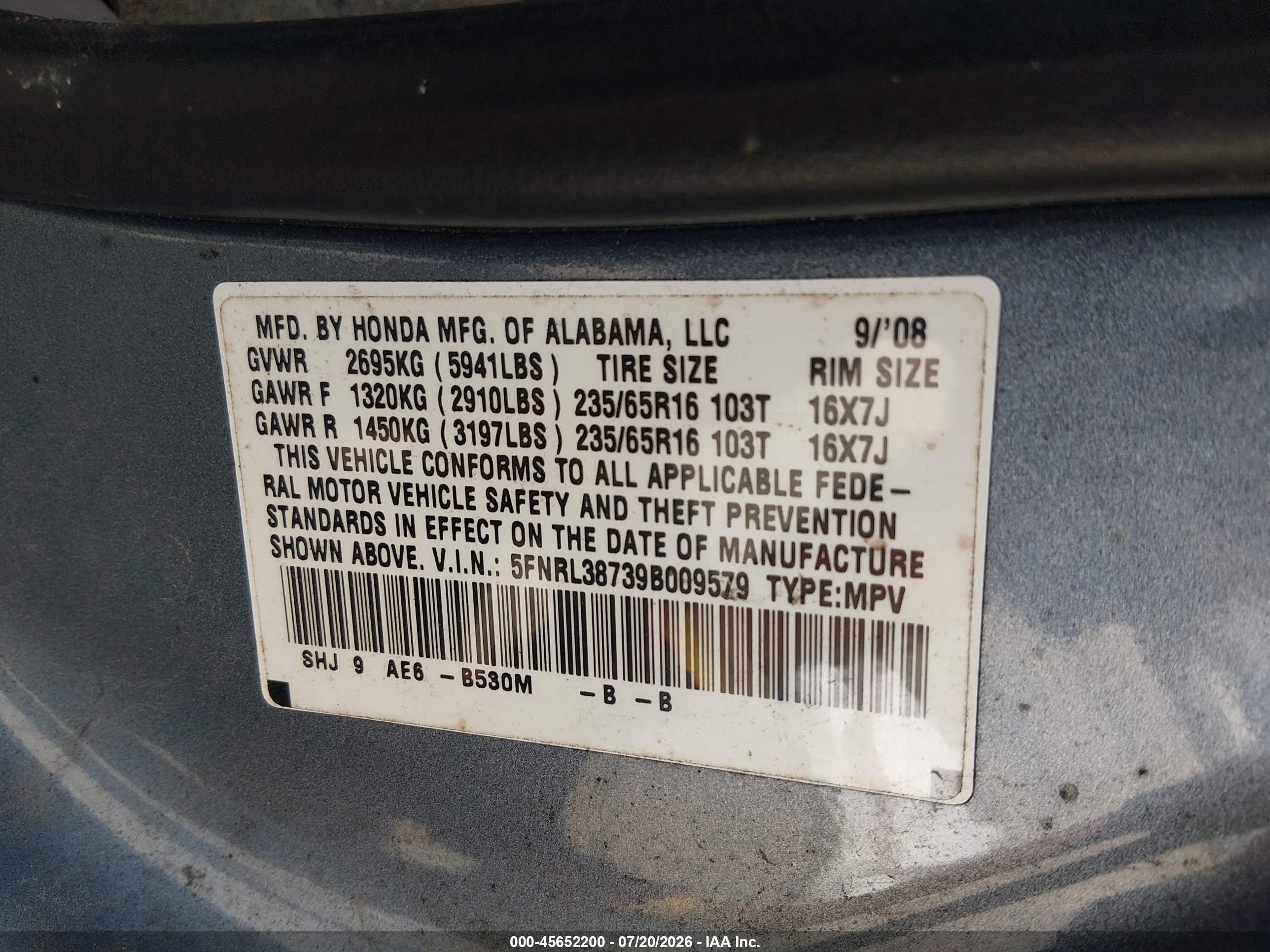 2009 Honda Odyssey Ex-l Blue vin: 5FNRL38739B009579