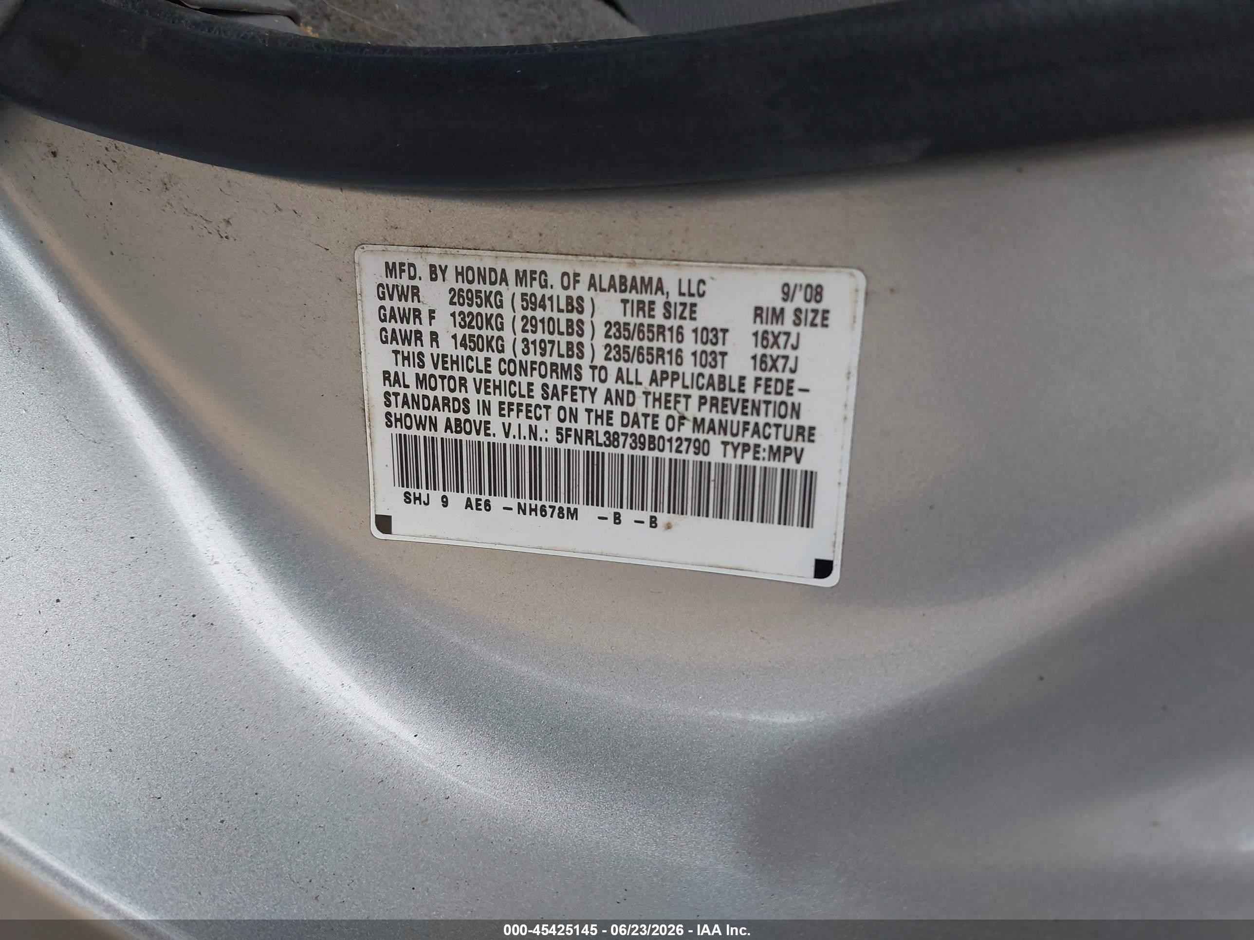 2009 Honda Odyssey Ex-l Silver vin: 5FNRL38739B012790