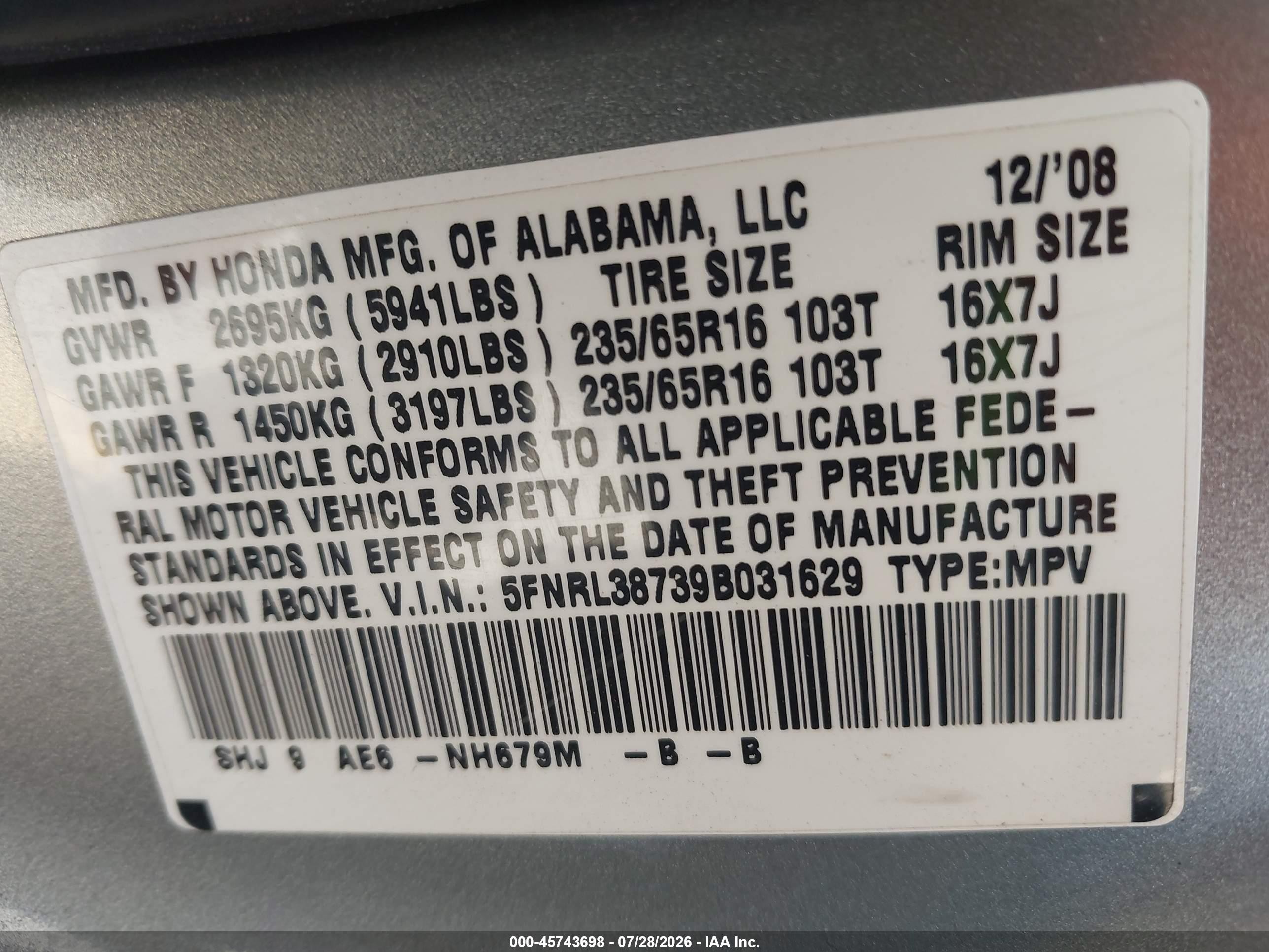 2009 Honda Odyssey Ex-l Gray vin: 5FNRL38739B031629