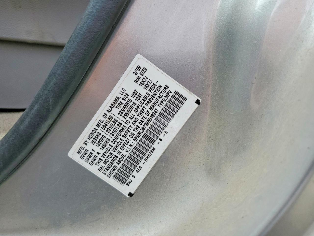 2009 Honda Odyssey Exl Silver vin: 5FNRL38739B048947