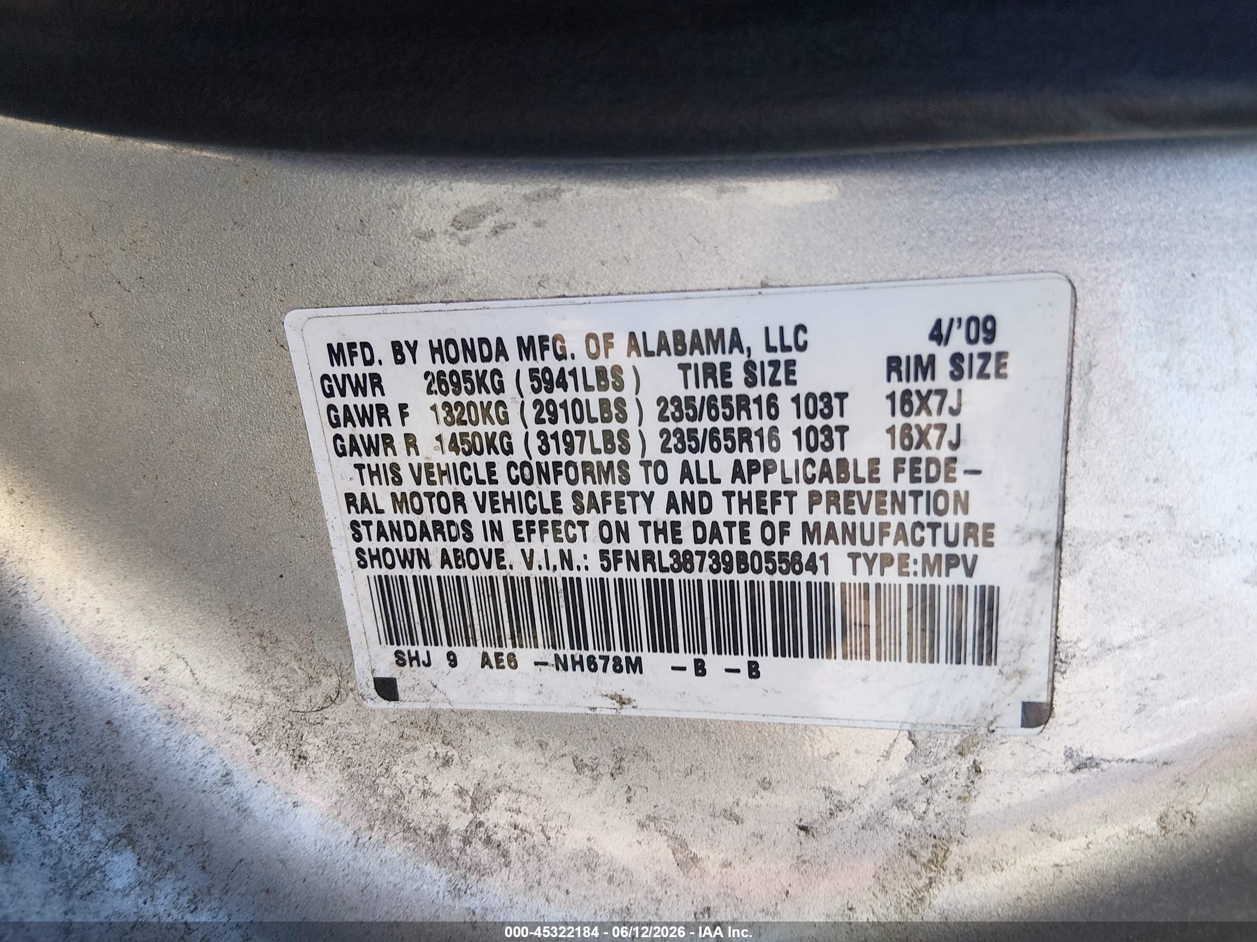 2009 Honda Odyssey Ex-l Silver vin: 5FNRL38739B055641