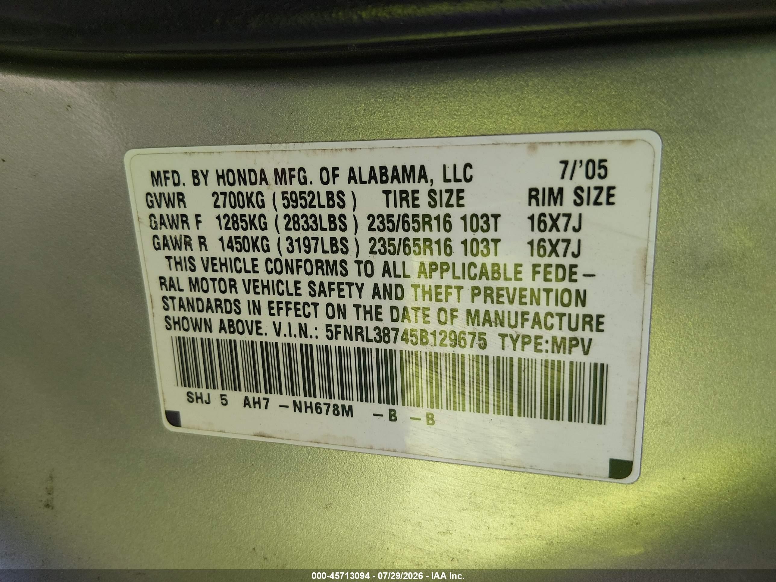 2005 Honda Odyssey Ex-l Gold vin: 5FNRL38745B129675