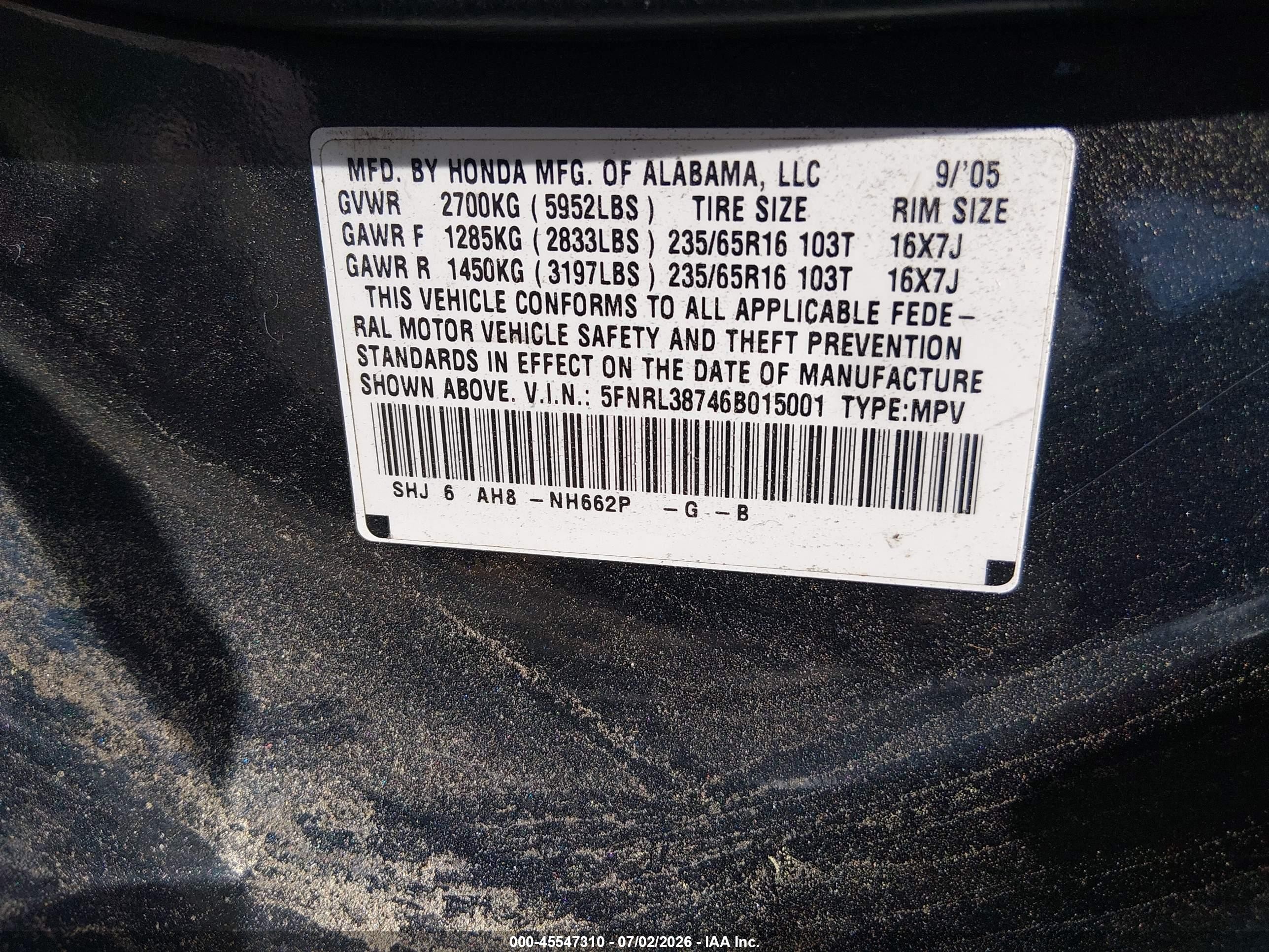 2006 Honda Odyssey Ex-l Gray vin: 5FNRL38746B015001